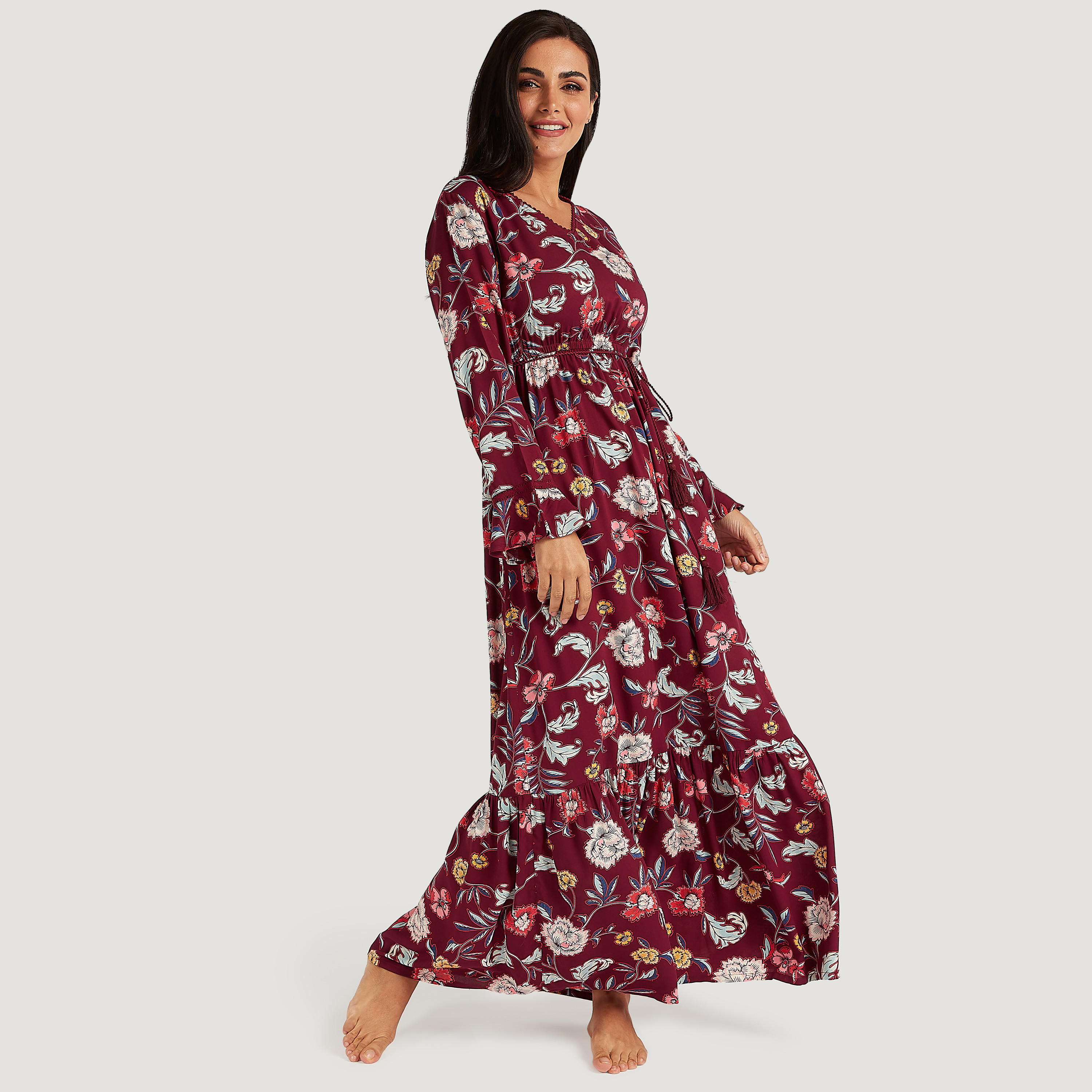 قميص نوم بياقة V وأكمام طويلة وطبعات-women-clothing-nightwear-nighties-image-2