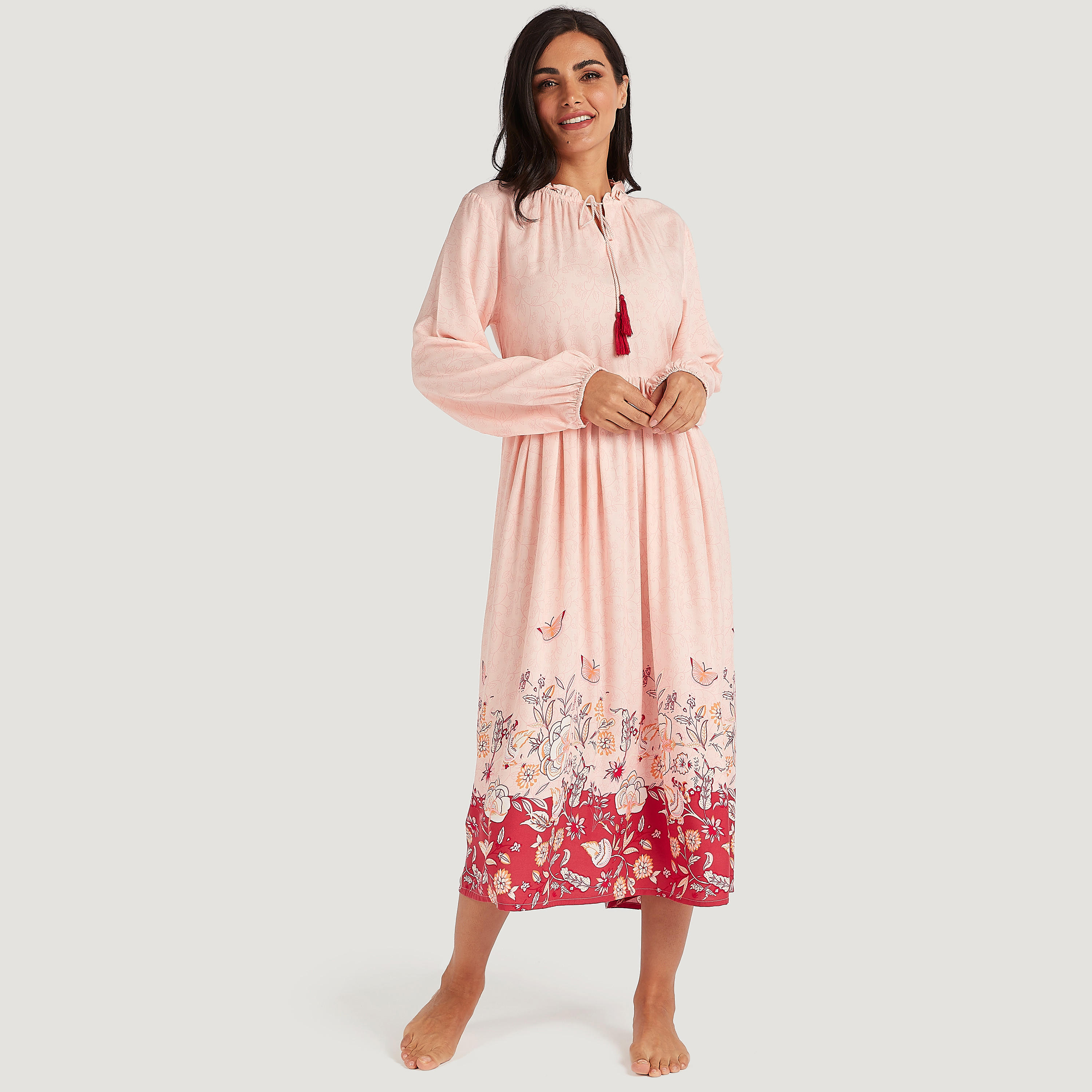 قميص نوم بطبعات وأكمام طويلة وربطة عنق-women-clothing-nightwear-nighties-image-1
