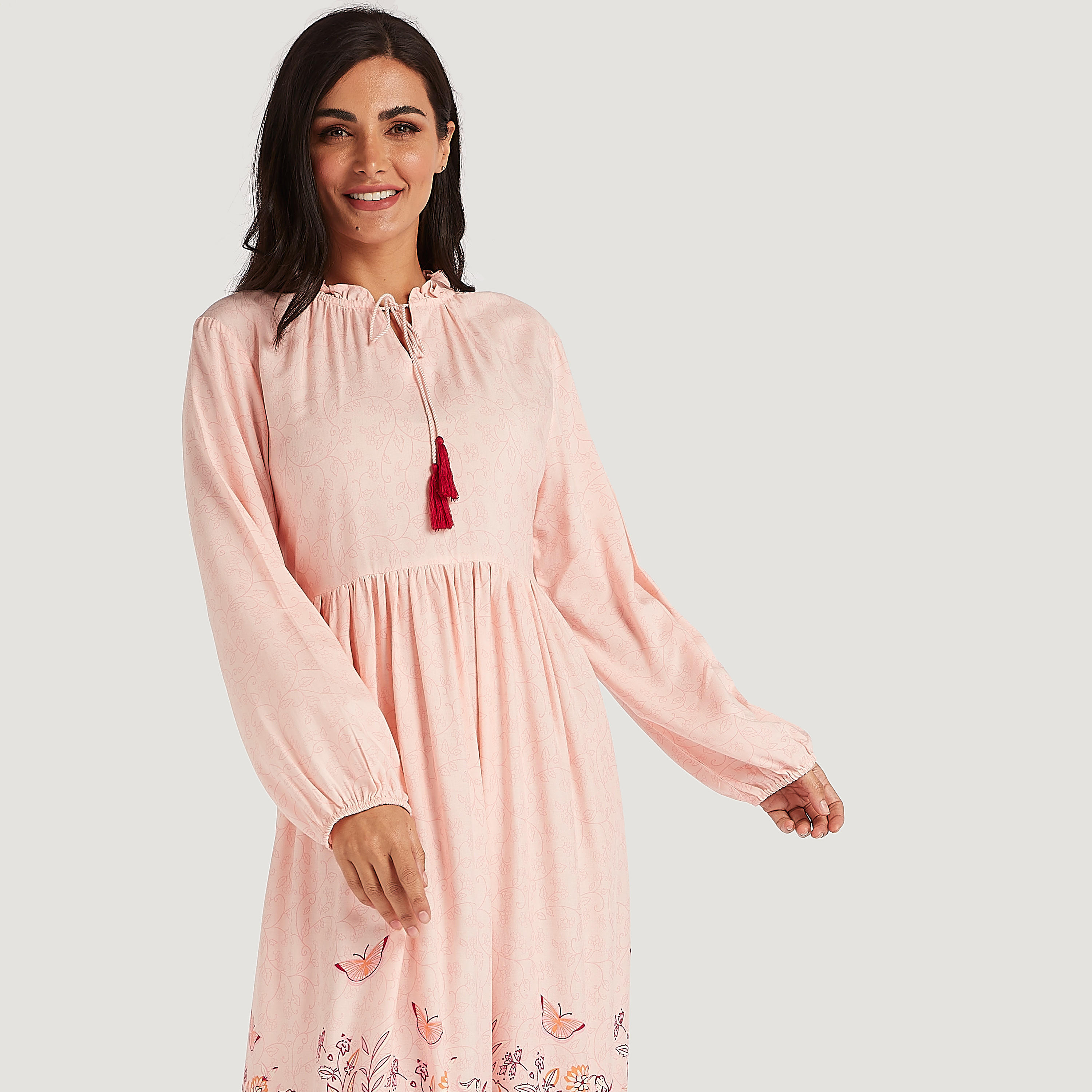 قميص نوم بطبعات وأكمام طويلة وربطة عنق-women-clothing-nightwear-nighties-image-2