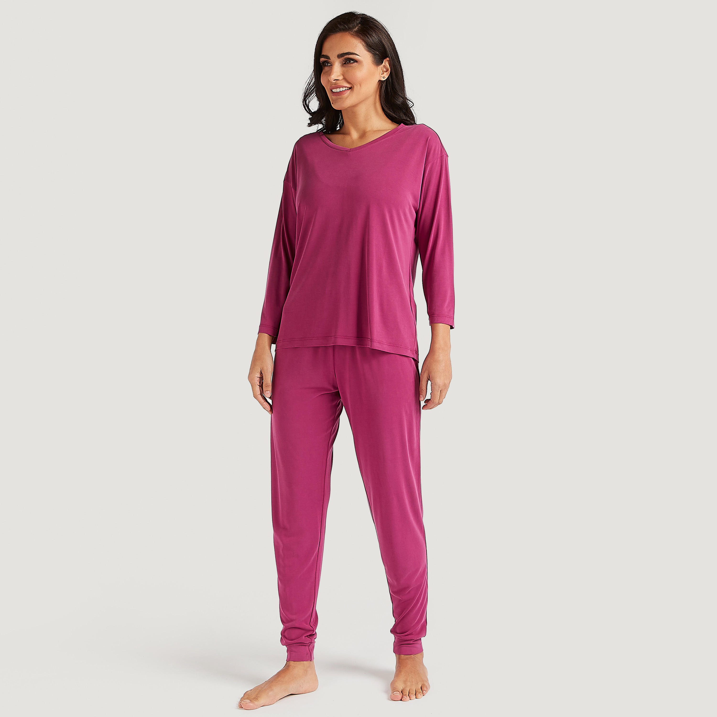 طقم بنطلون بيجاما وتيشيرت سادة بأكمام طويلة-women-clothing-nightwear-pyjamas-longsets-image-5
