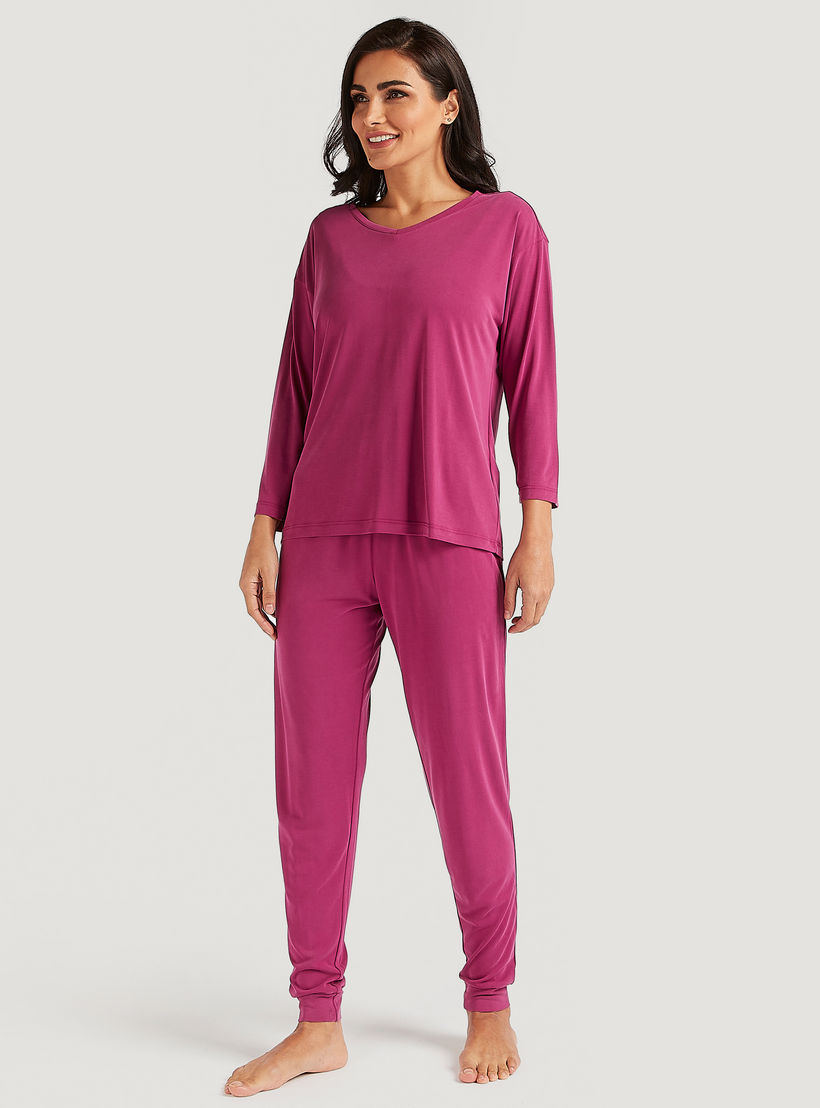 طقم بنطلون بيجاما وتيشيرت سادة بأكمام طويلة-women-clothing-nightwear-pyjamas-longsets-image-5