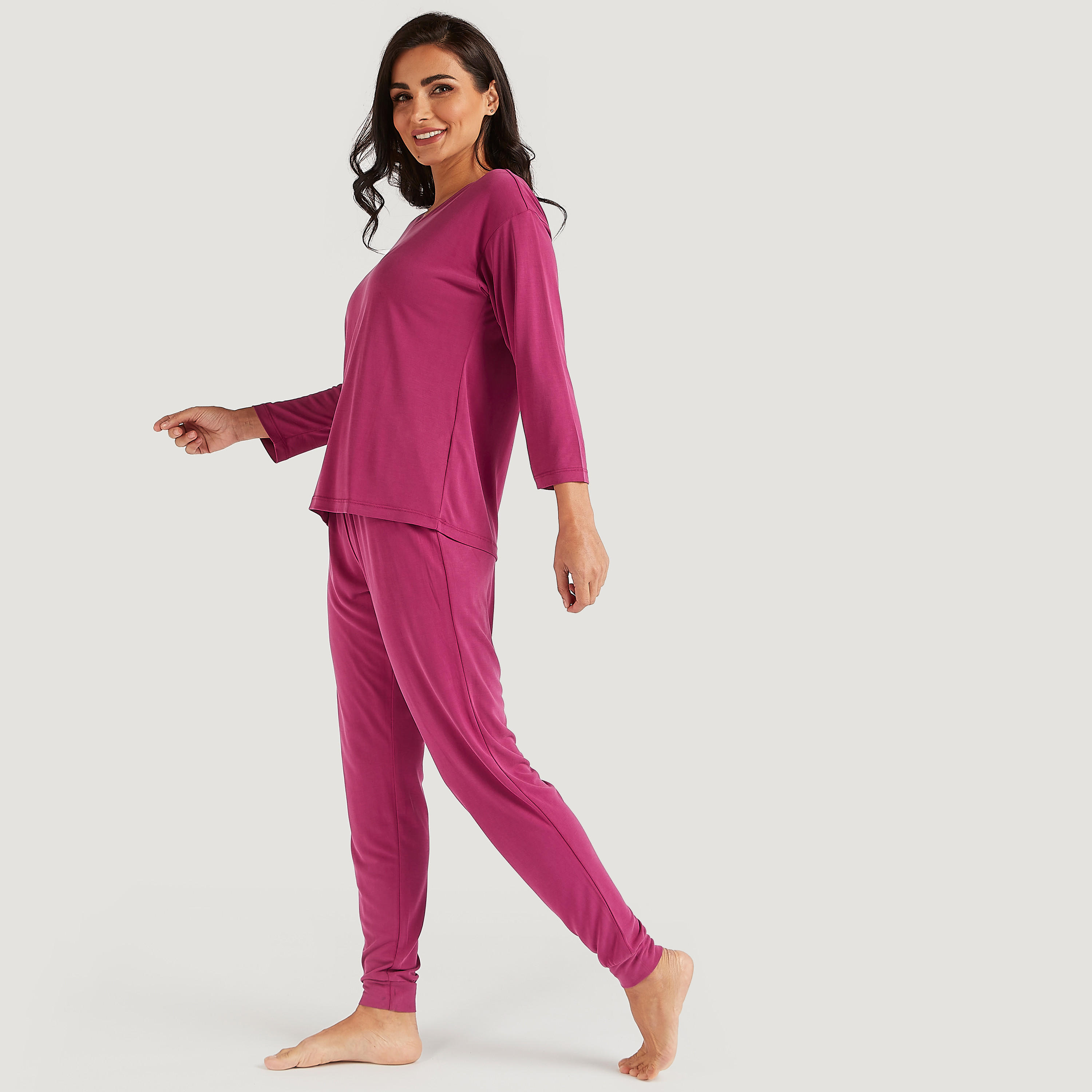 طقم بنطلون بيجاما وتيشيرت سادة بأكمام طويلة-women-clothing-nightwear-pyjamas-longsets-image-4
