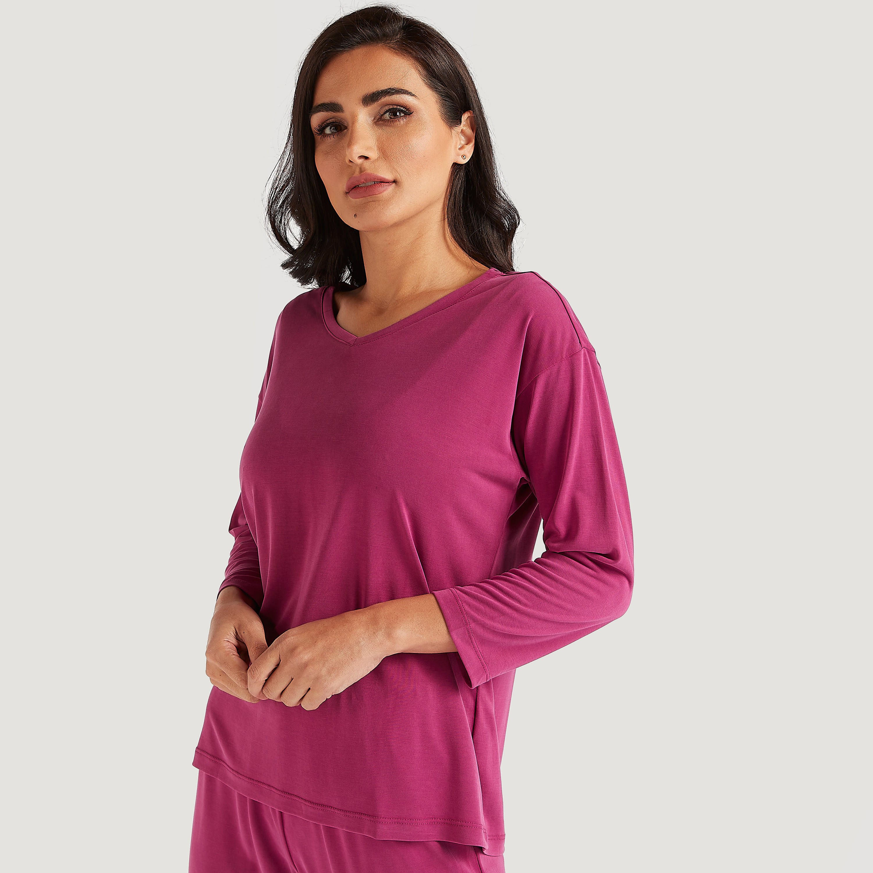طقم بنطلون بيجاما وتيشيرت سادة بأكمام طويلة-women-clothing-nightwear-pyjamas-longsets-image-3