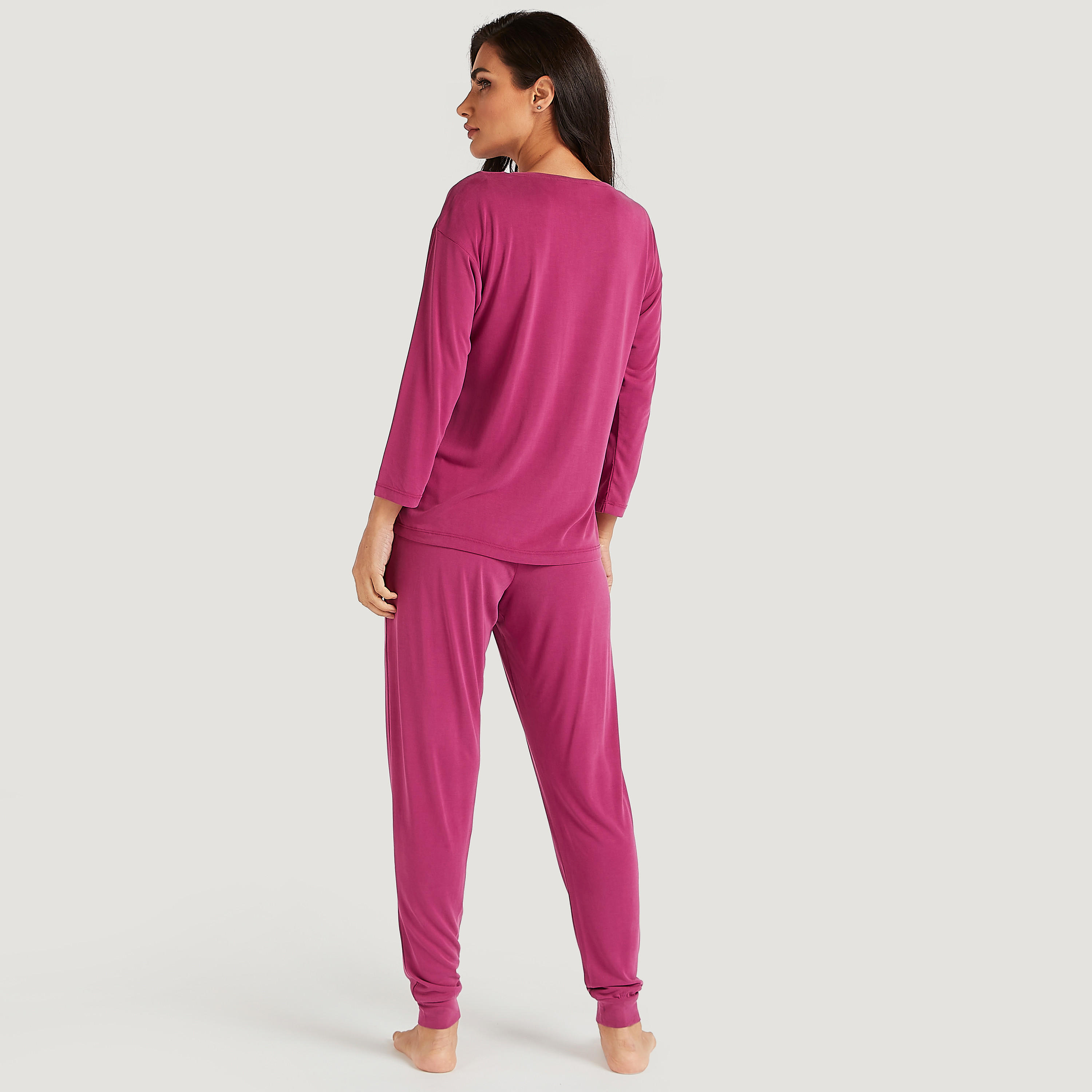 طقم بنطلون بيجاما وتيشيرت سادة بأكمام طويلة-women-clothing-nightwear-pyjamas-longsets-image-2