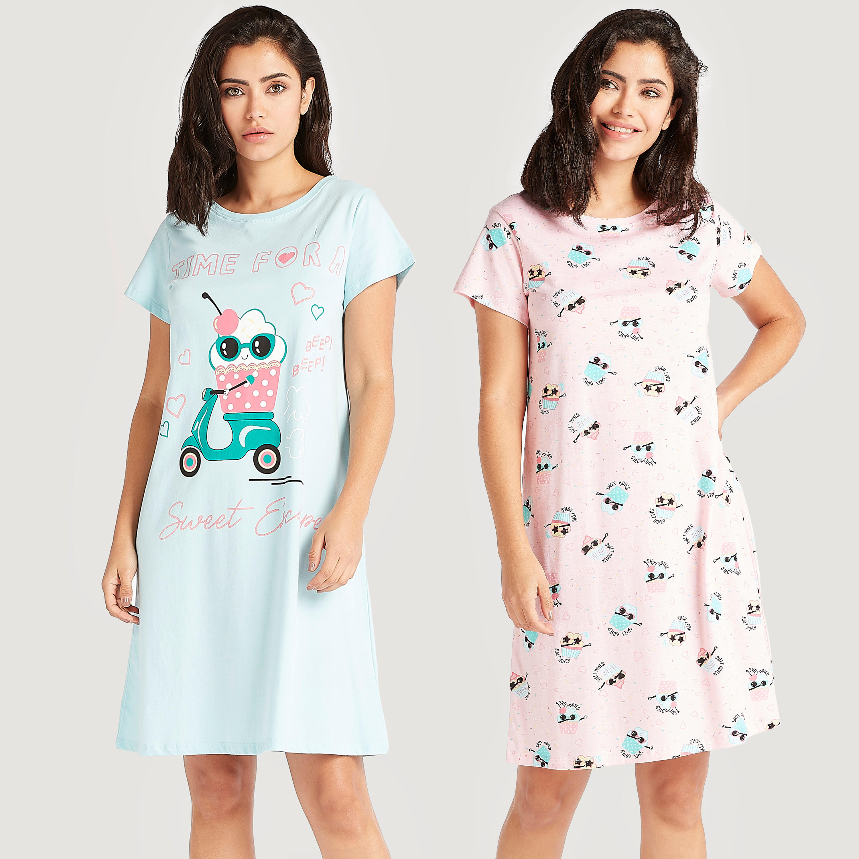 طقم فساتين نوم بأكمام قصيرة وطبعات - قطعتين-women-clothing-nightwear-nighties-image-1