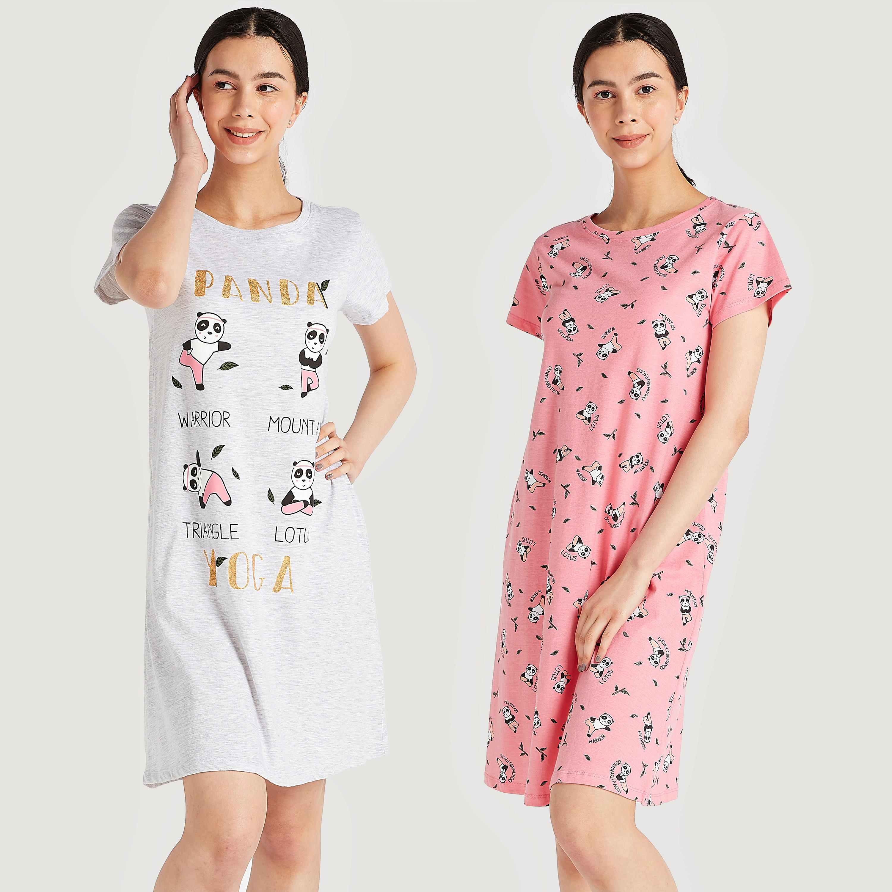 طقم فساتين نوم بطبعات باندا وأكمام قصيرة - قطعتين-women-clothing-nightwear-nighties-image-1
