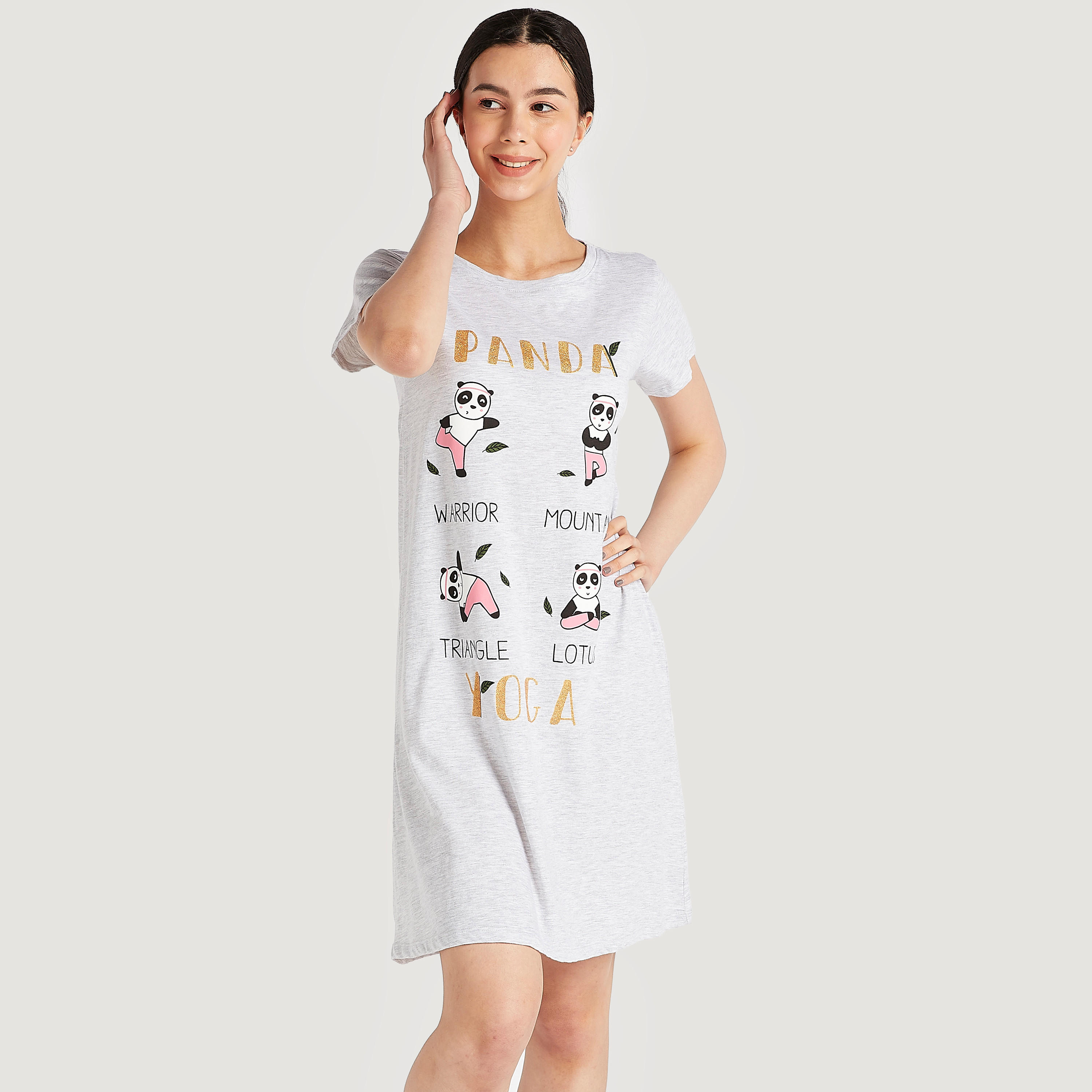 طقم فساتين نوم بطبعات باندا وأكمام قصيرة - قطعتين-women-clothing-nightwear-nighties-image-2