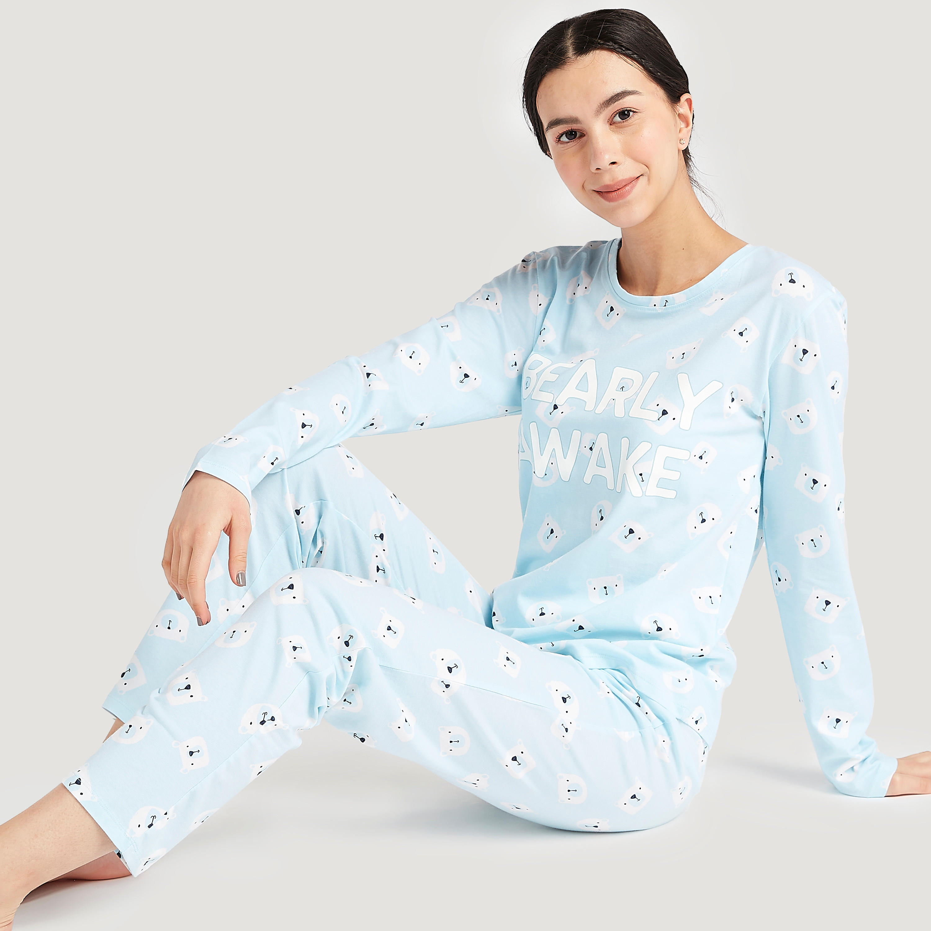 Printed Crew Neck T-shirt and Full Length Pyjama Set-women-clothing-nightwear-pyjamas-longsets-image-1