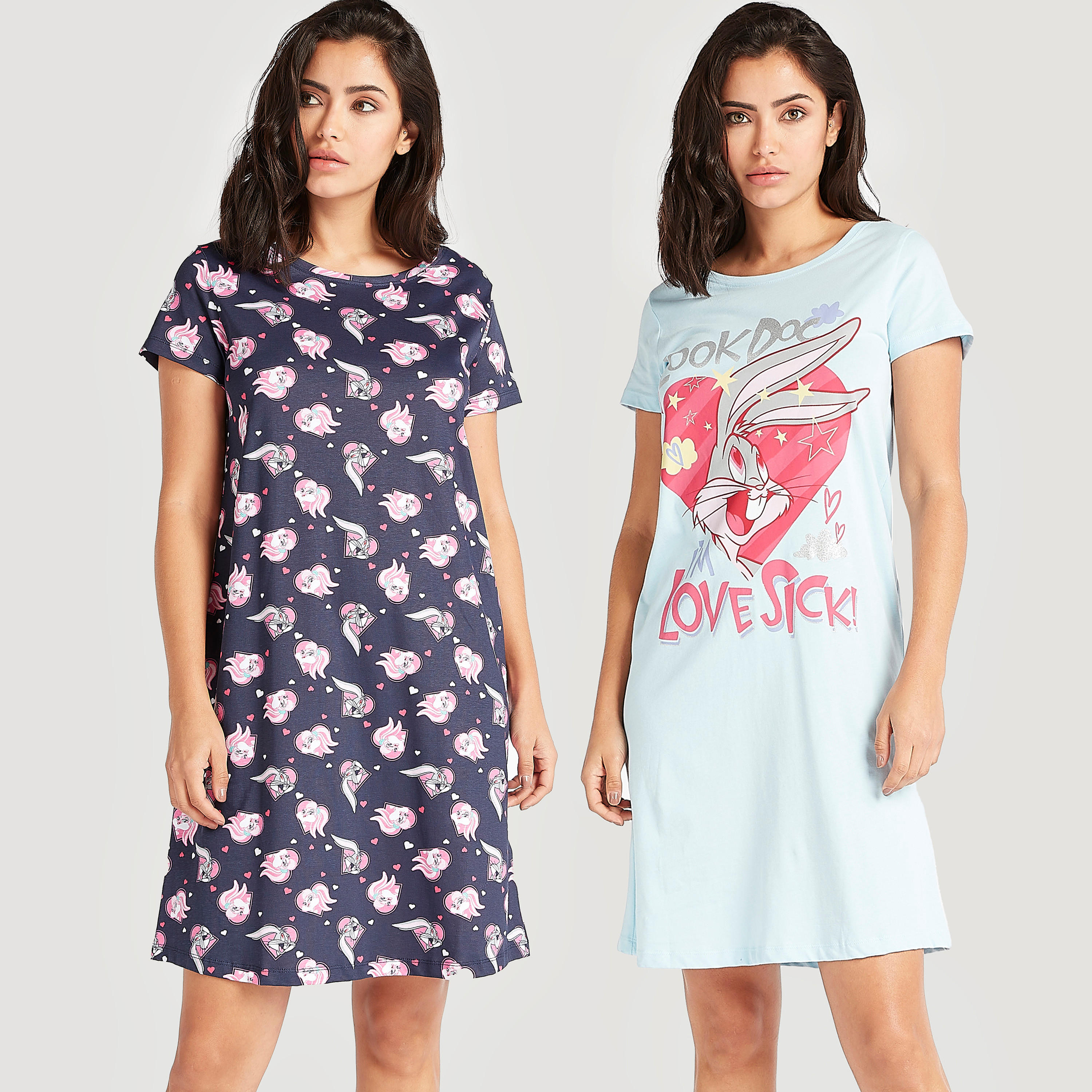فستان بأكمام قصيرة وطبعات - طقم من  قطعتين-women-clothing-nightwear-nighties-image-1