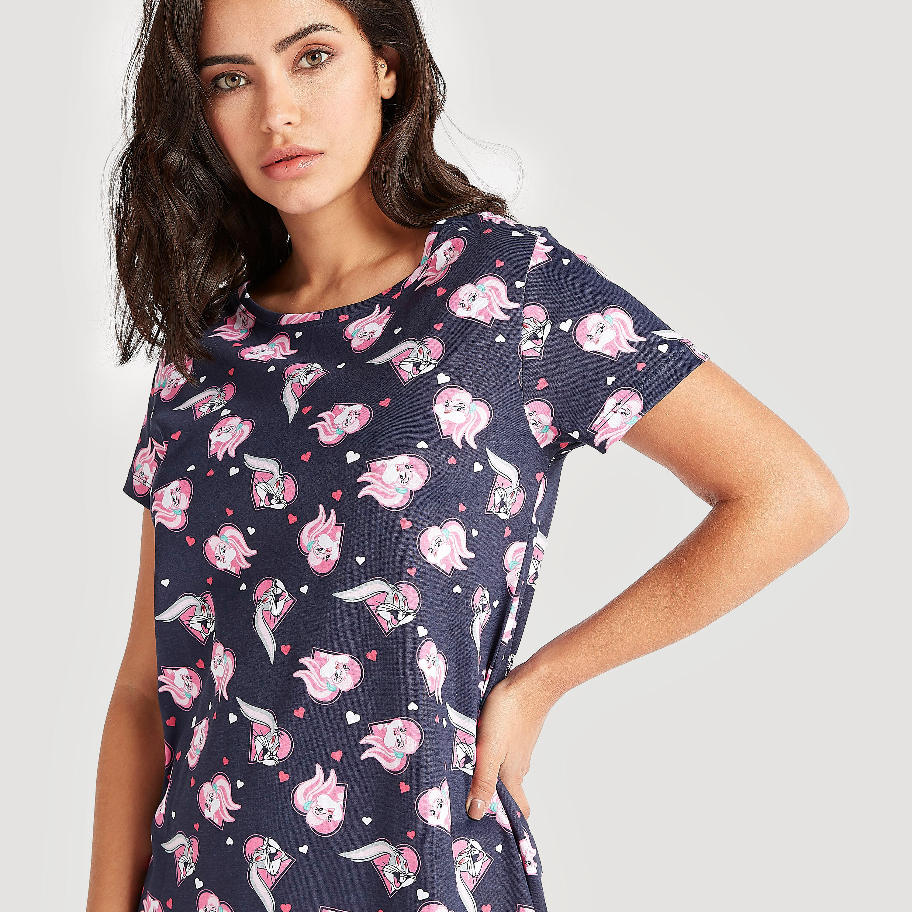 فستان بأكمام قصيرة وطبعات - طقم من  قطعتين-women-clothing-nightwear-nighties-image-3