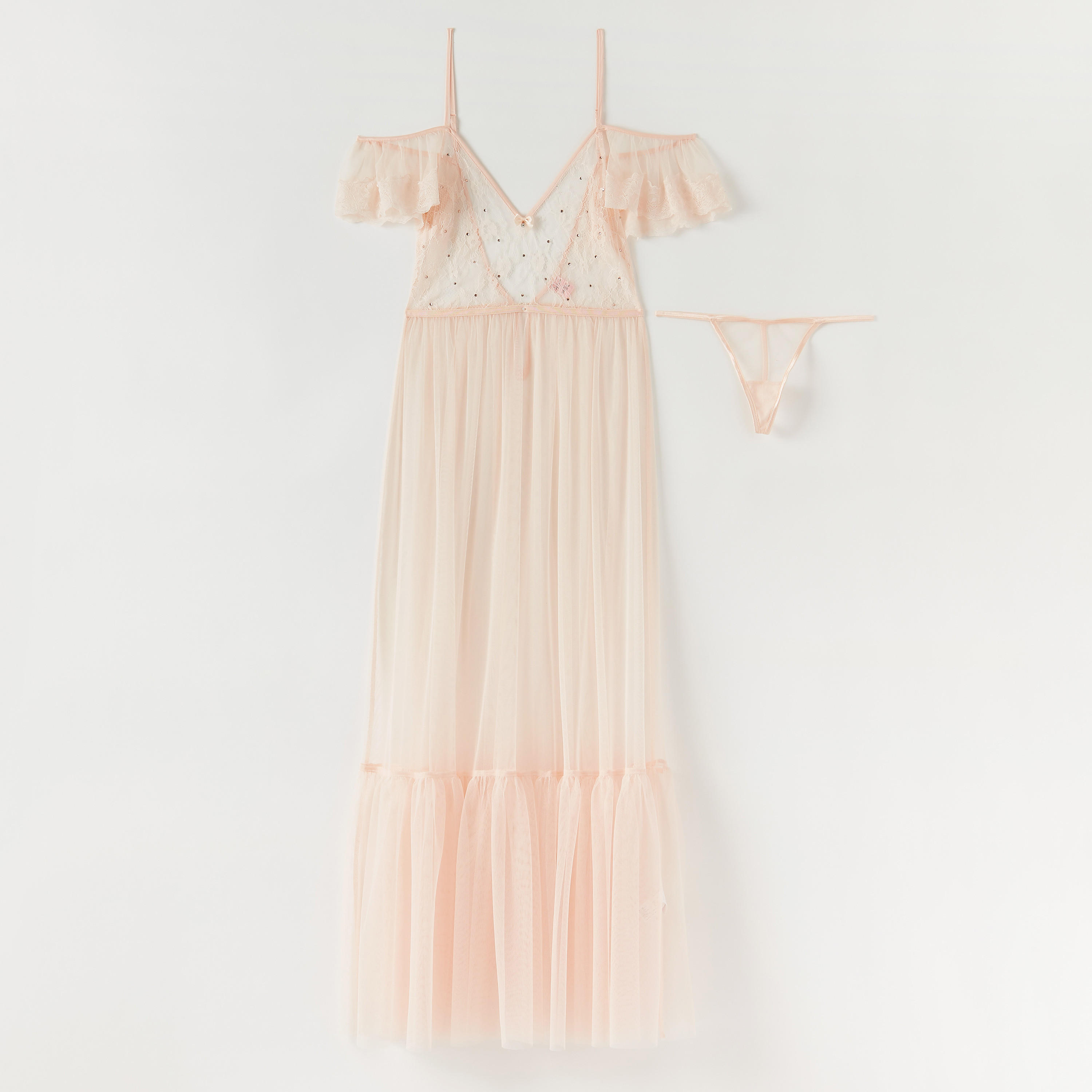 فستان نوم دانتيل دون أكمام بياقة V مع ثونج-women-clothing-lingerie-lingeriesets-image-1