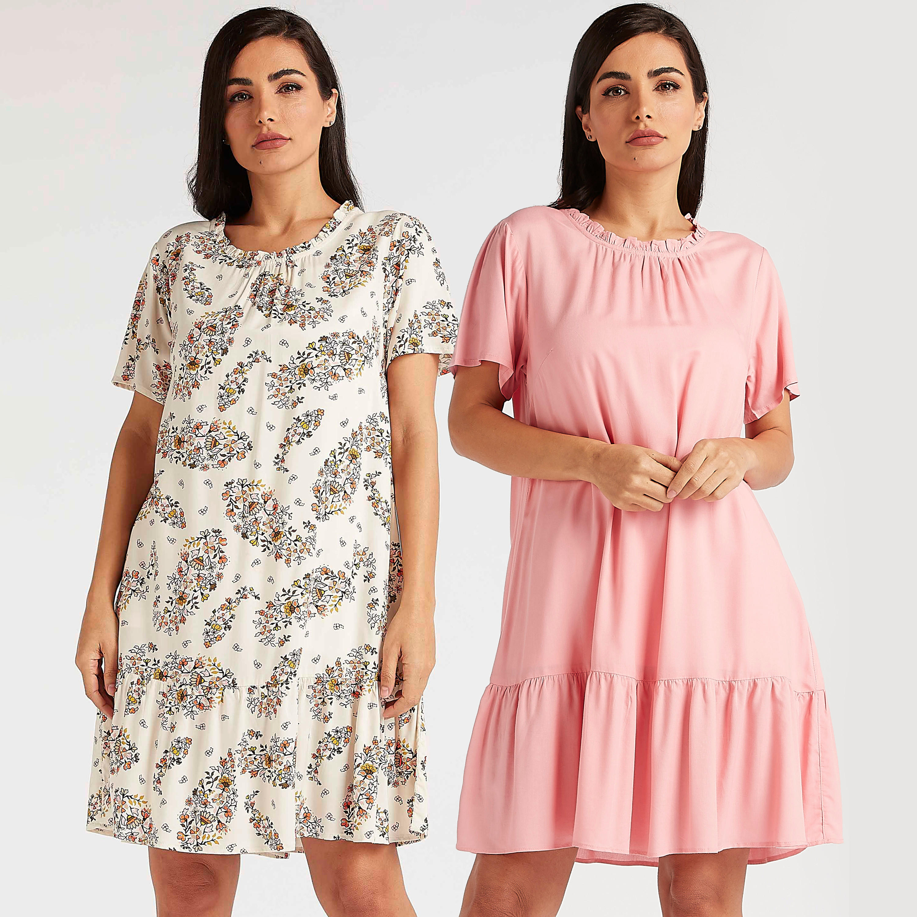 طقم قميص نوم متنوّع بتفاصيل كشكش - قطعتين-women-clothing-nightwear-nighties-image-1