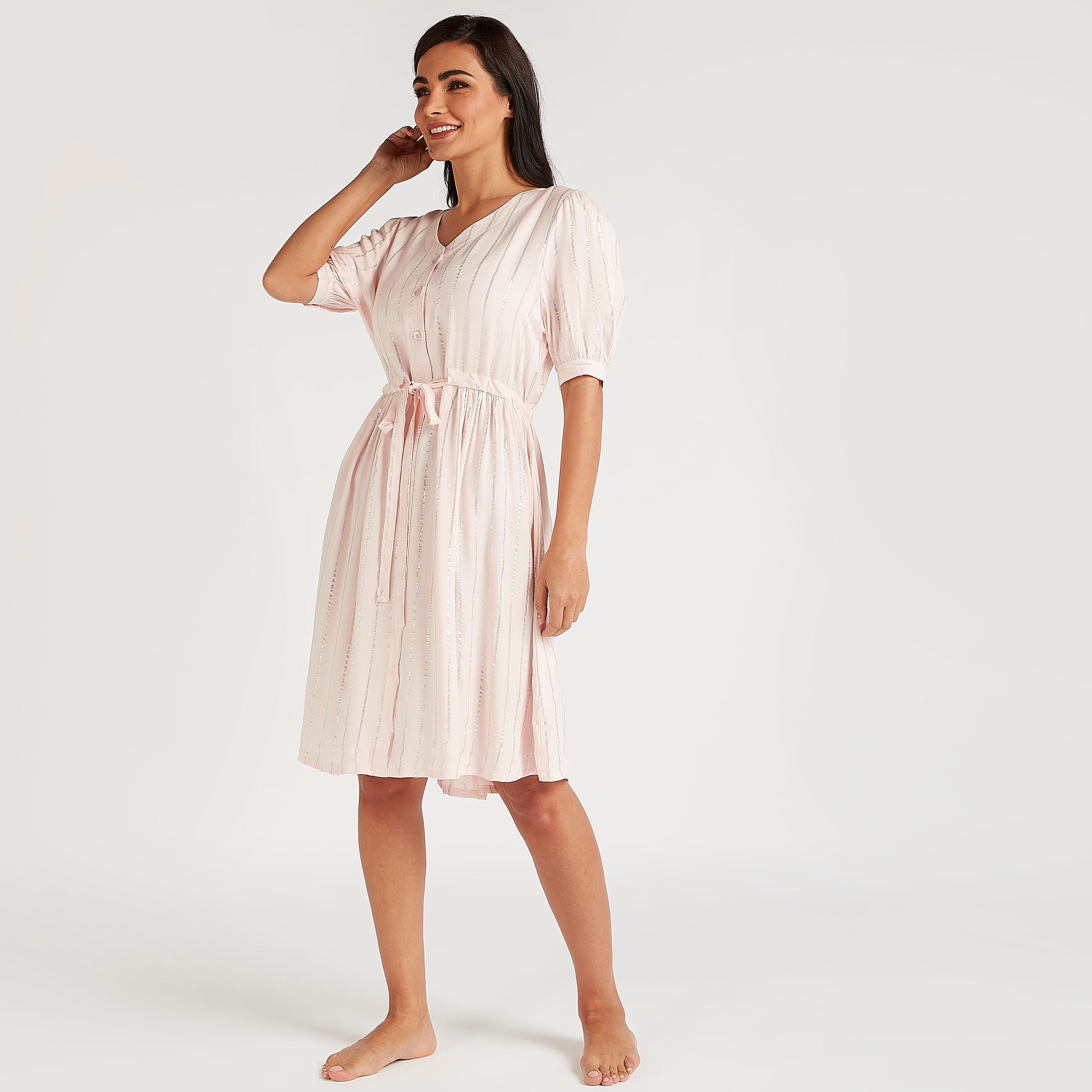 قميص نوم مقلّم برباط خصر وأكمام قصيرة-women-clothing-nightwear-nighties-image-2