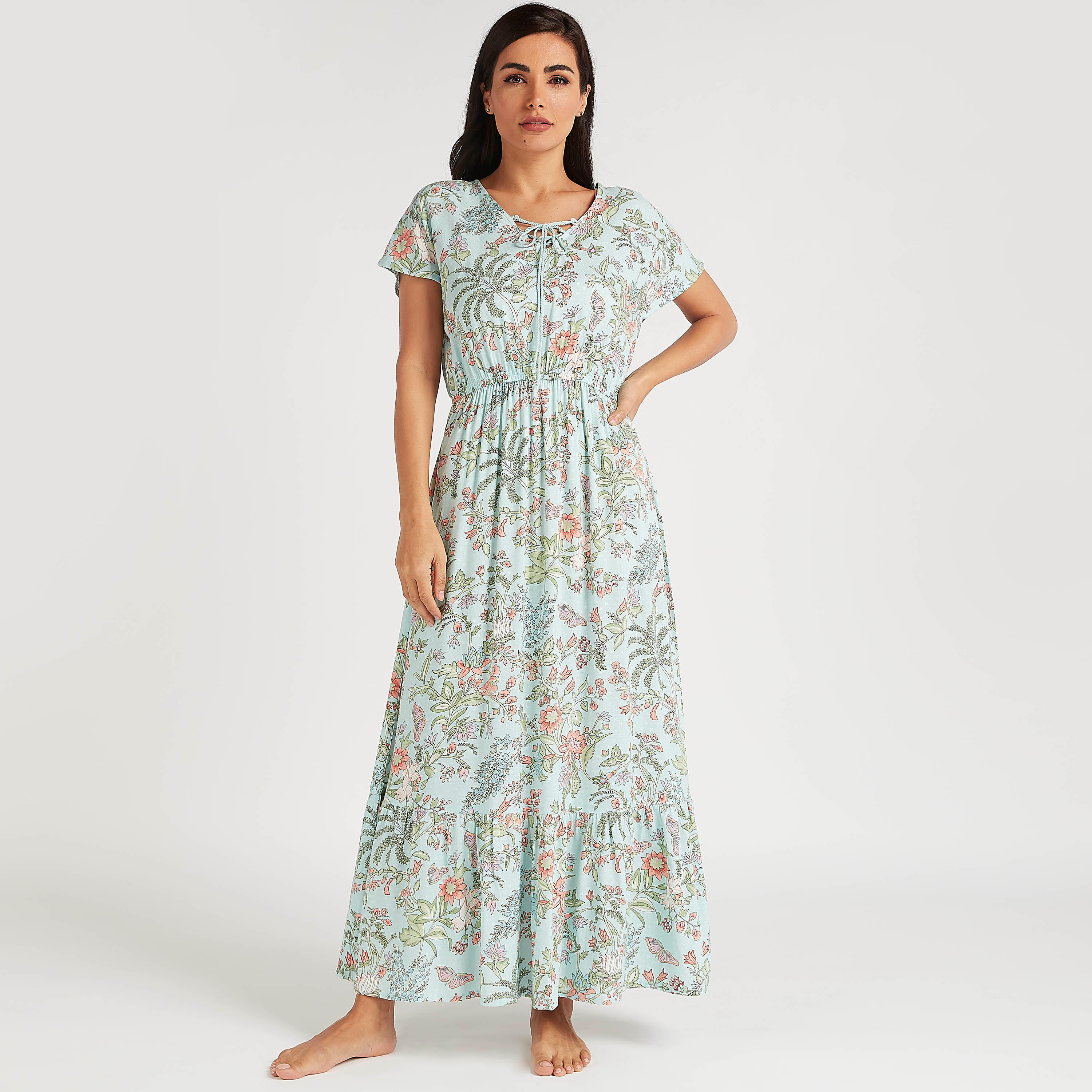 Floral Print Night Gown with Neck Tie-Ups-women-clothing-nightwear-nighties-image-1