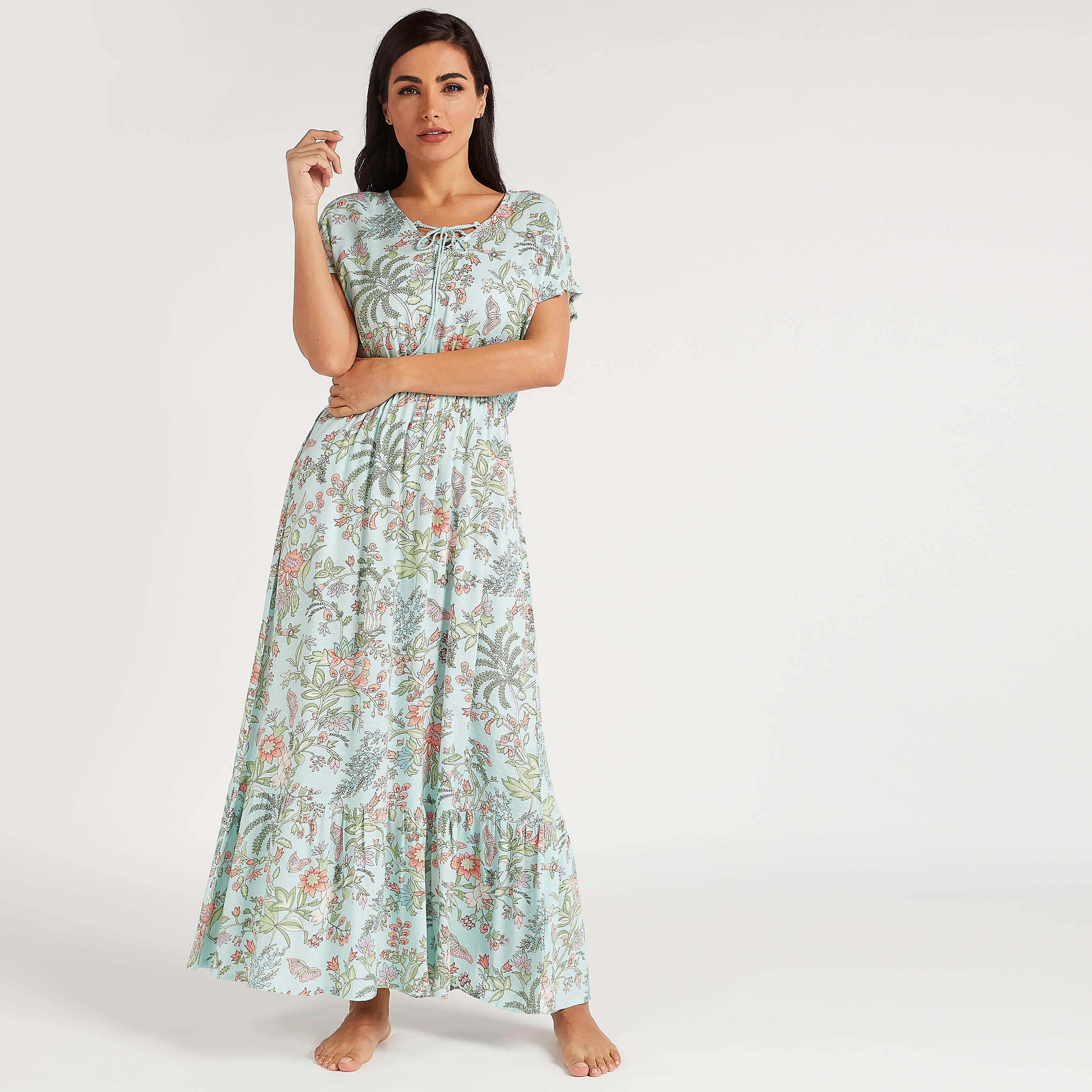 Floral Print Night Gown with Neck Tie-Ups-women-clothing-nightwear-nighties-image-2