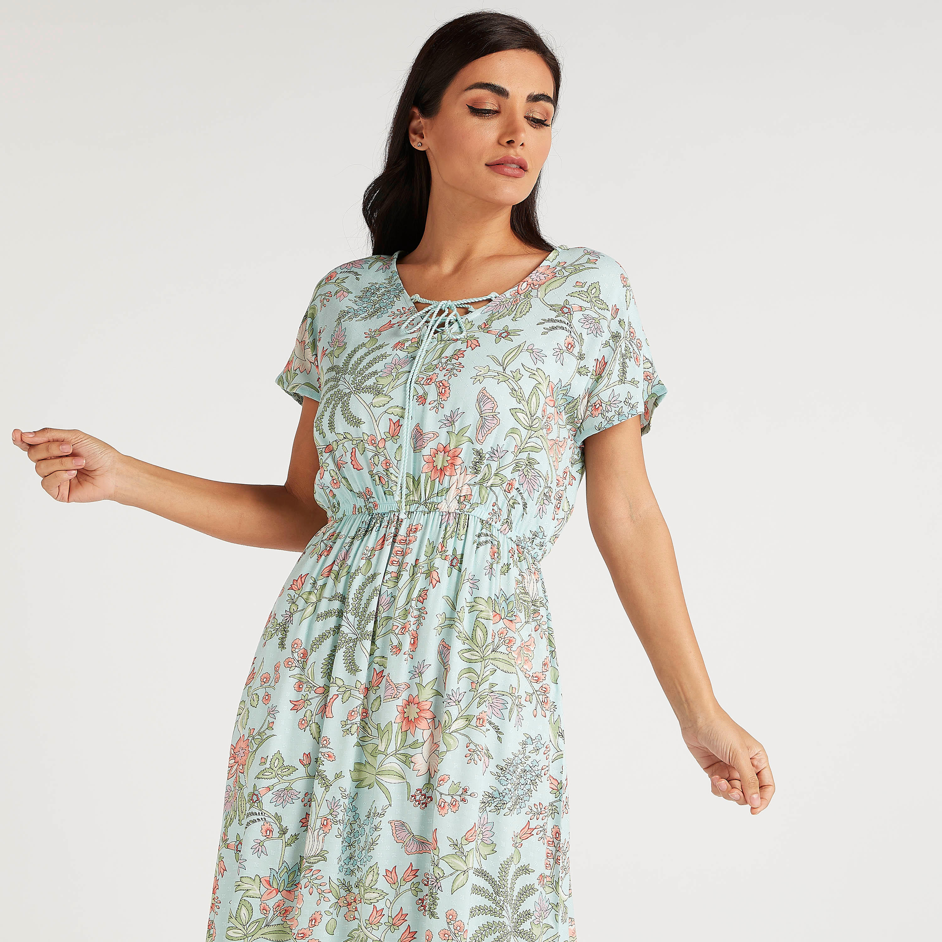 Floral Print Night Gown with Neck Tie-Ups-women-clothing-nightwear-nighties-image-6