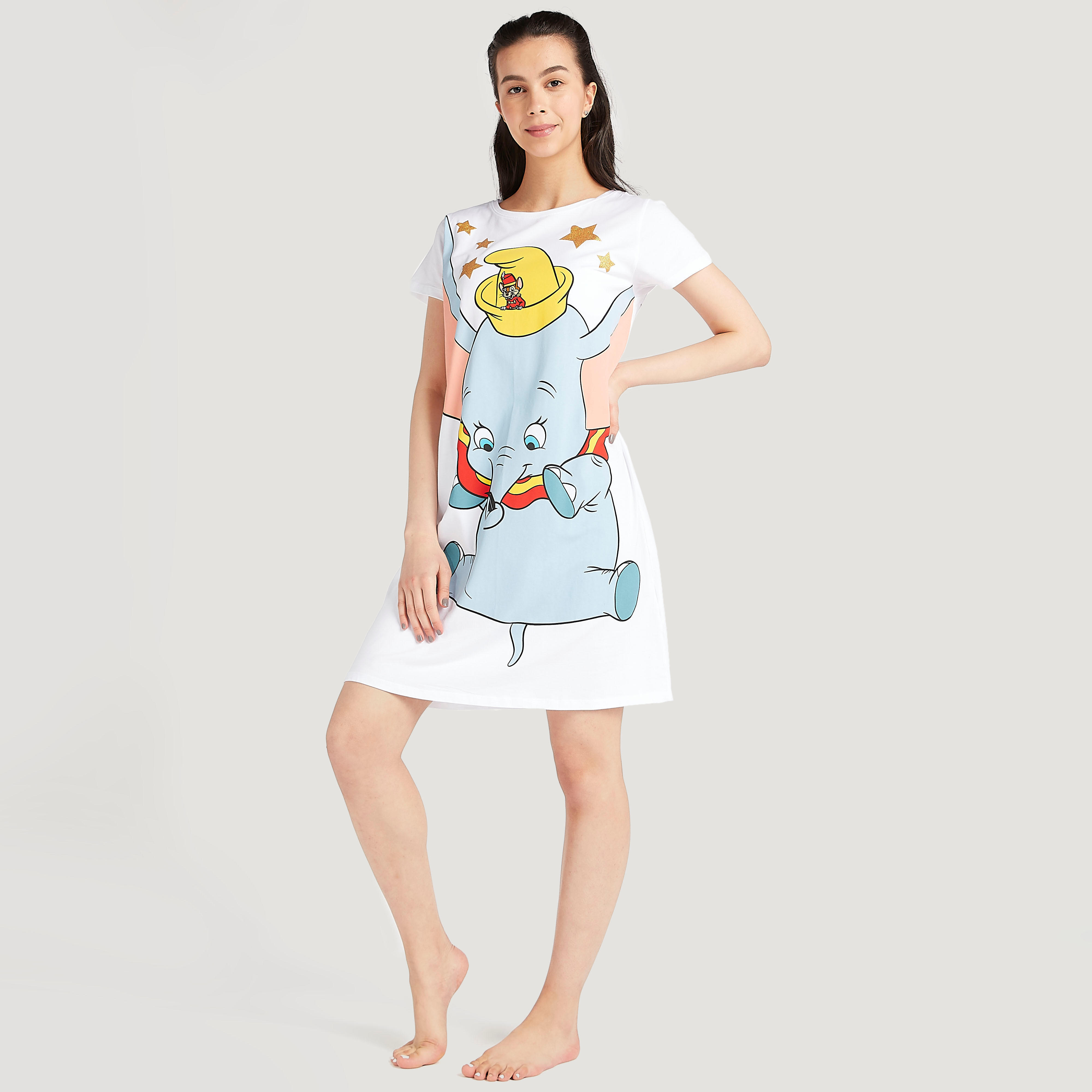 فستان نوم بياقة ضيّقة وأكمام قصيرة وطبعات دامبو-women-clothing-nightwear-nighties-image-2