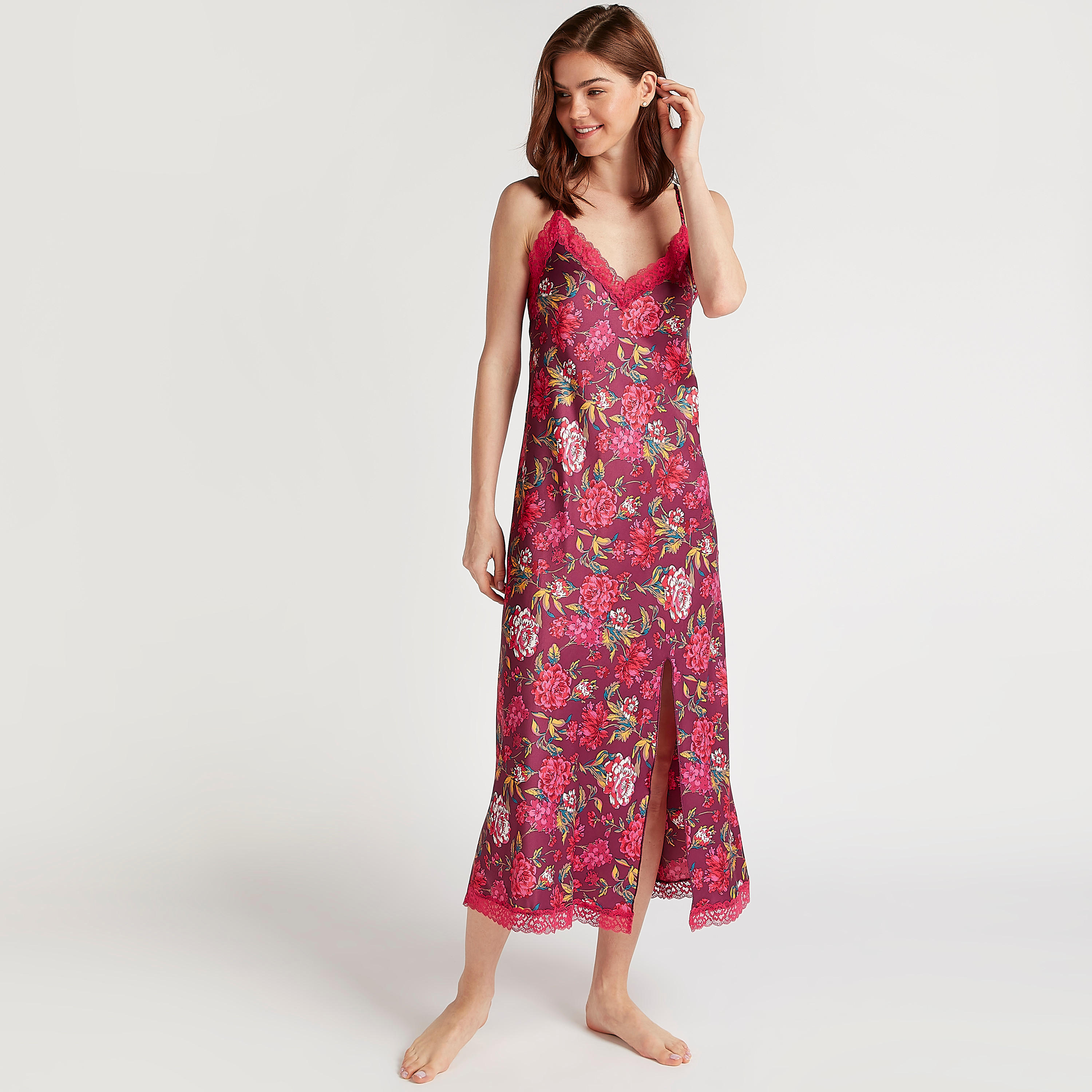 Floral Print V-neck Nightdress with Lace Detail and Spaghetti Straps-women-clothing-nightwear-nighties-image-1