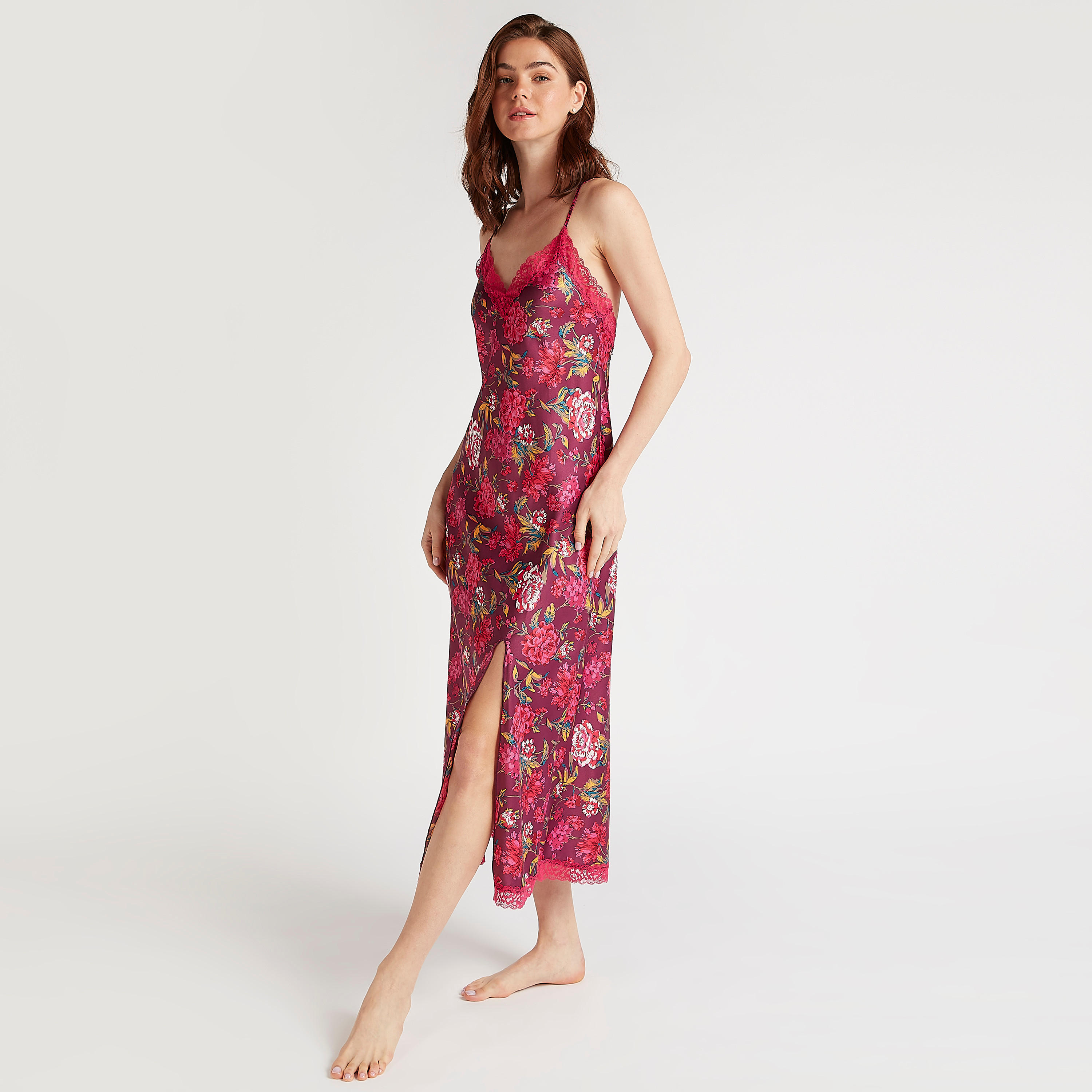 Floral Print V-neck Nightdress with Lace Detail and Spaghetti Straps-women-clothing-nightwear-nighties-image-2