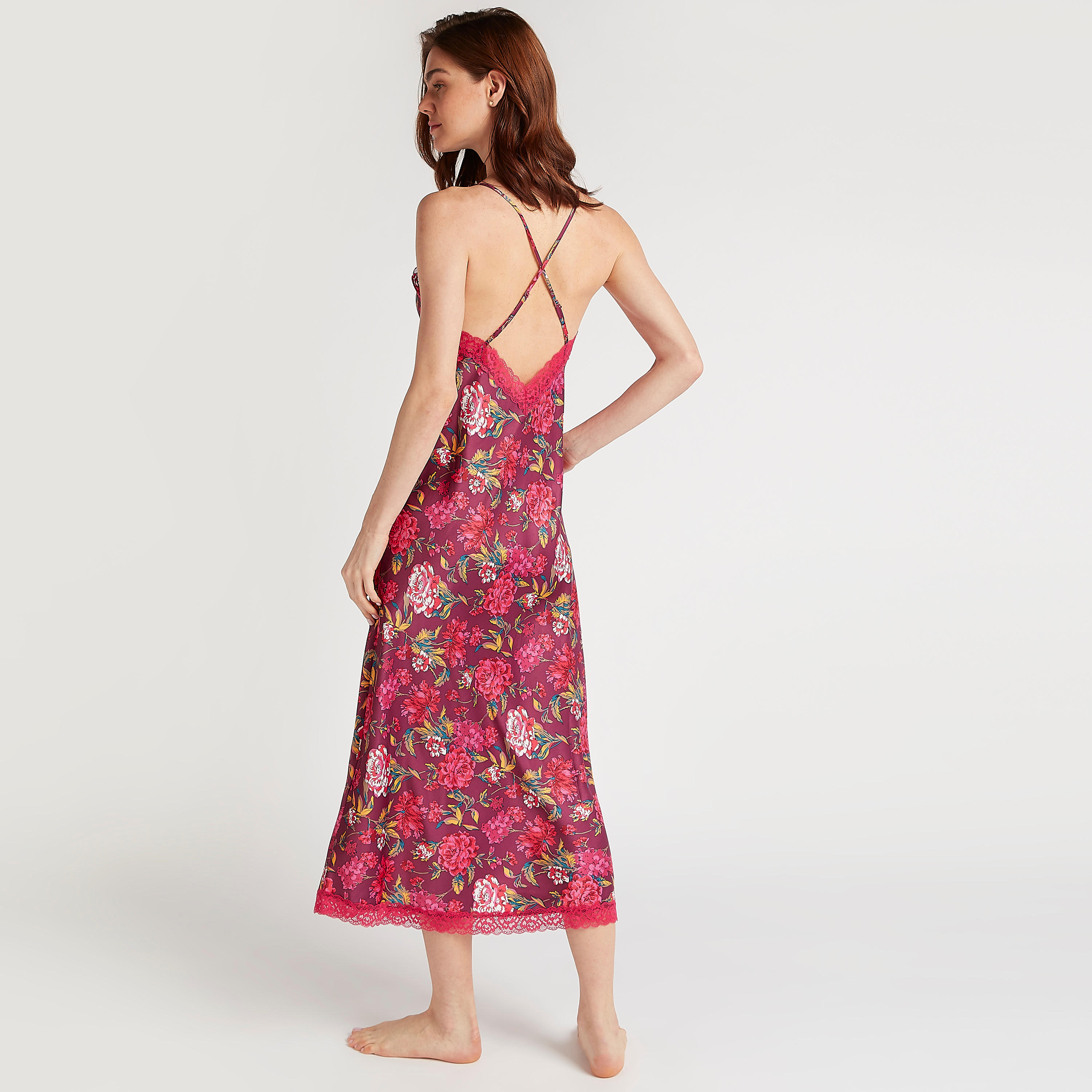 Floral Print V-neck Nightdress with Lace Detail and Spaghetti Straps-women-clothing-nightwear-nighties-image-4