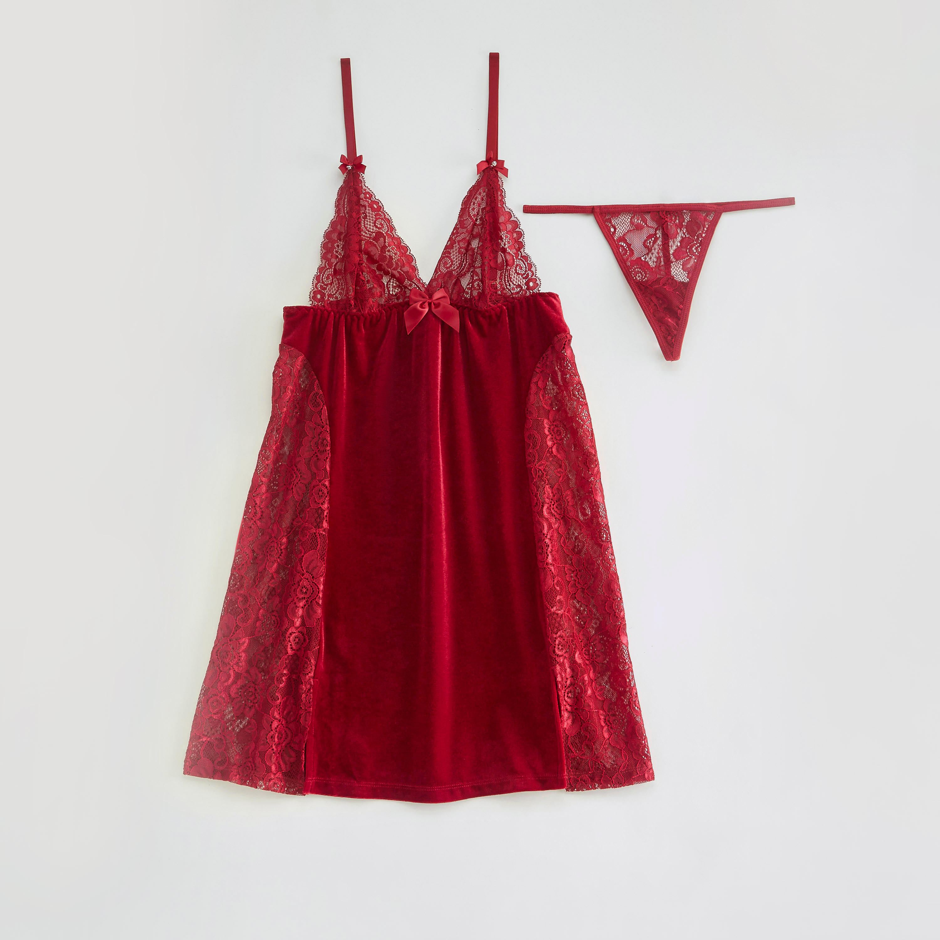 طقم قميص نوم بتفاصيل دانتيل مع ثونج-women-clothing-nightwear-nighties-image-1
