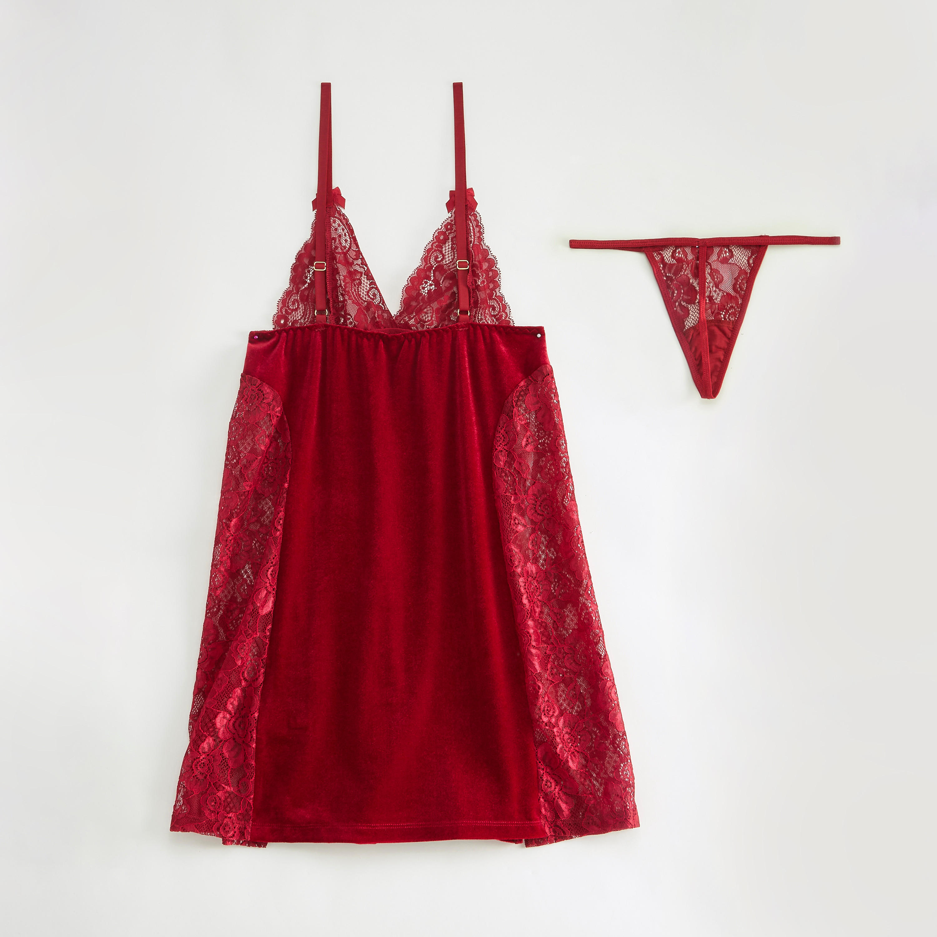 طقم قميص نوم بتفاصيل دانتيل مع ثونج-women-clothing-nightwear-nighties-image-4