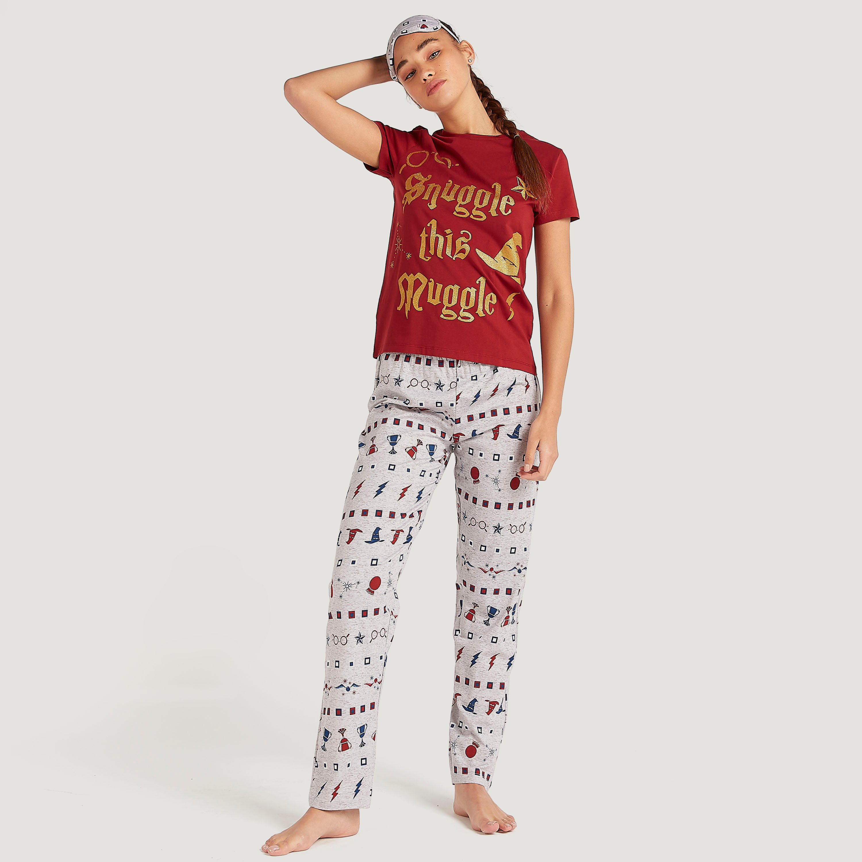 طقم من بنطلون بيجاما طويل وقميص بطبعات أزهار مع قناع للعين-women-clothing-nightwear-pyjamas-longsets-image-2