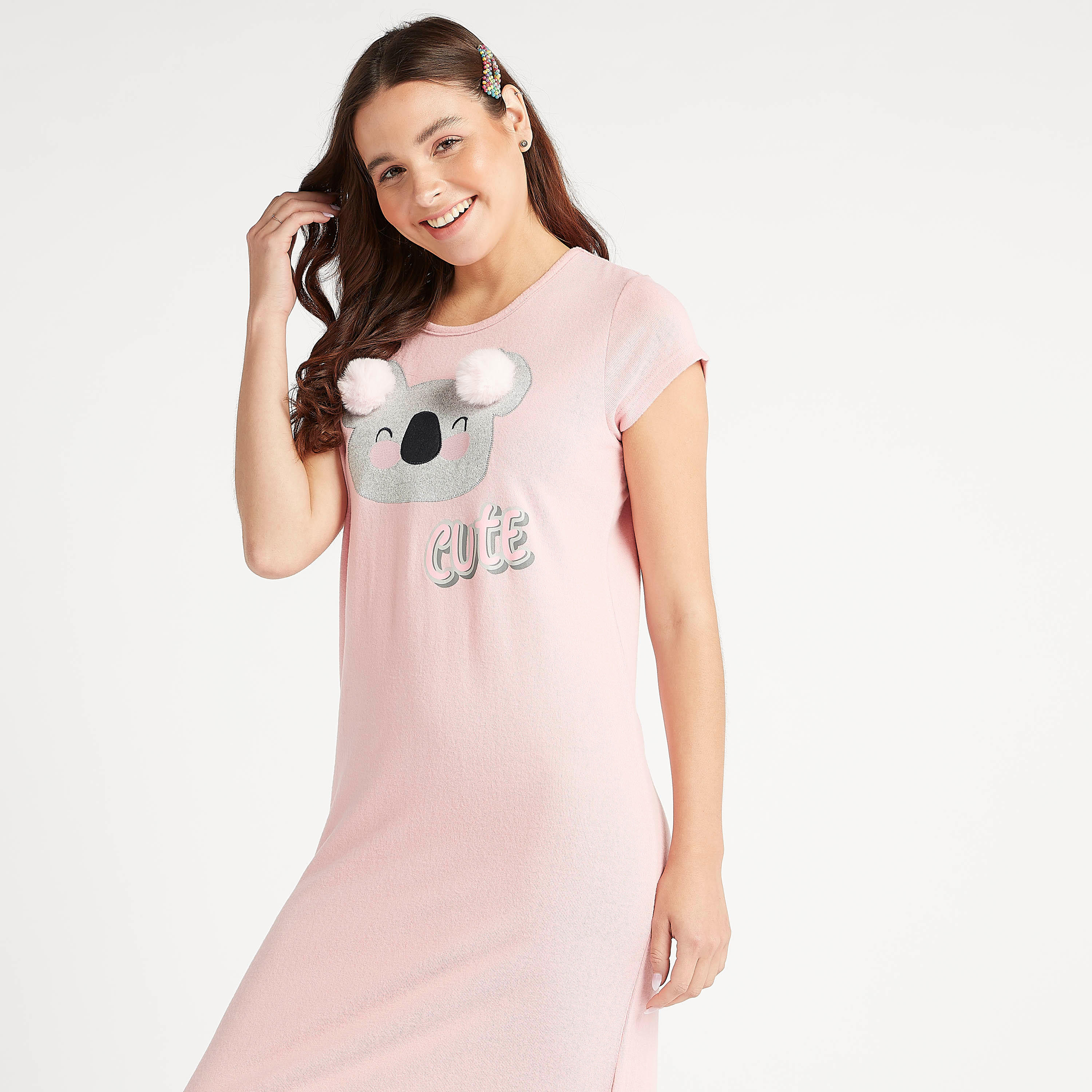 فستان نوم بياقة مستديرة وطبعات وتفاصيل بوم بوم-women-clothing-nightwear-nighties-image-1