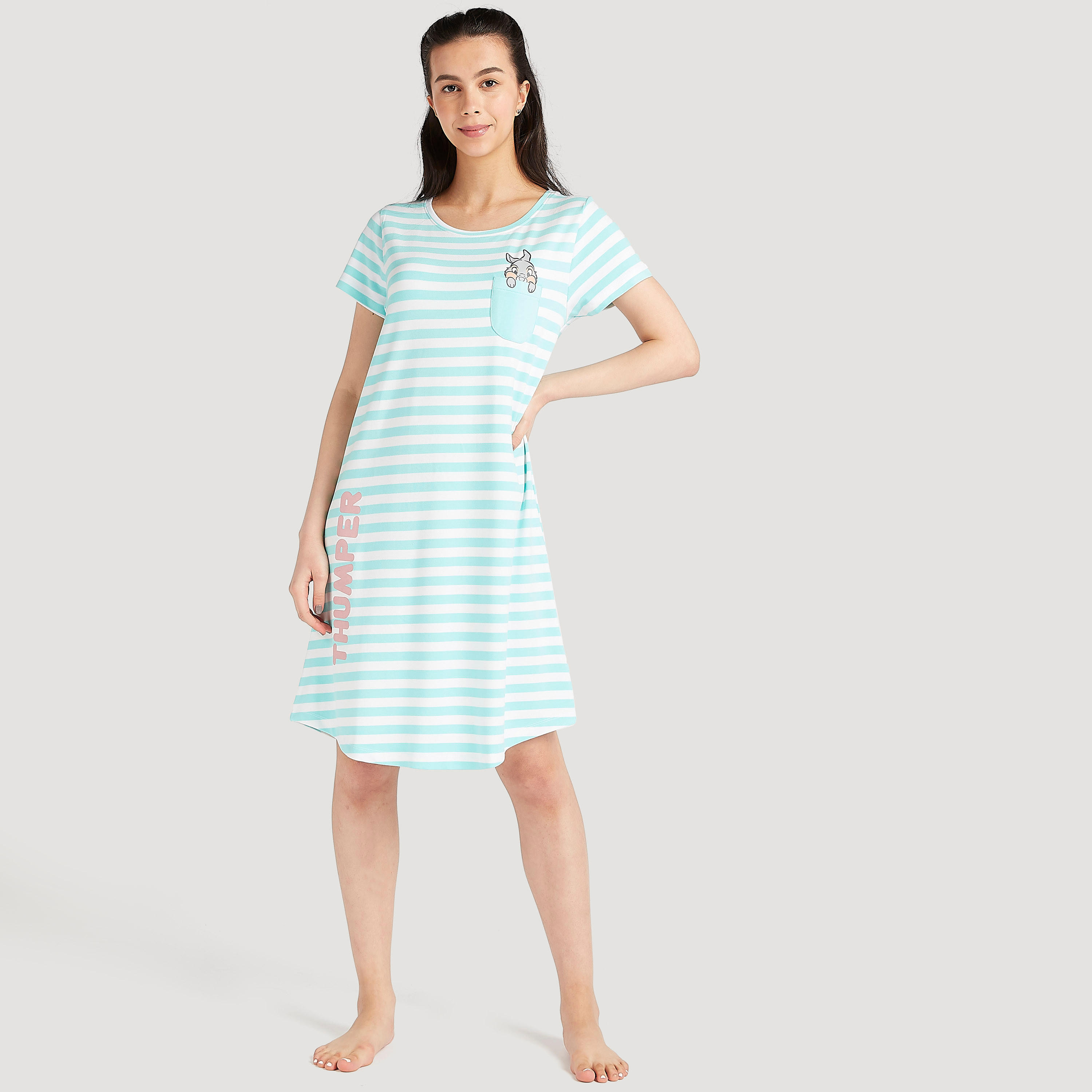 قميص نوم مخطط بياقة مستديرة وأكمام قصيرة-women-clothing-nightwear-nighties-image-2