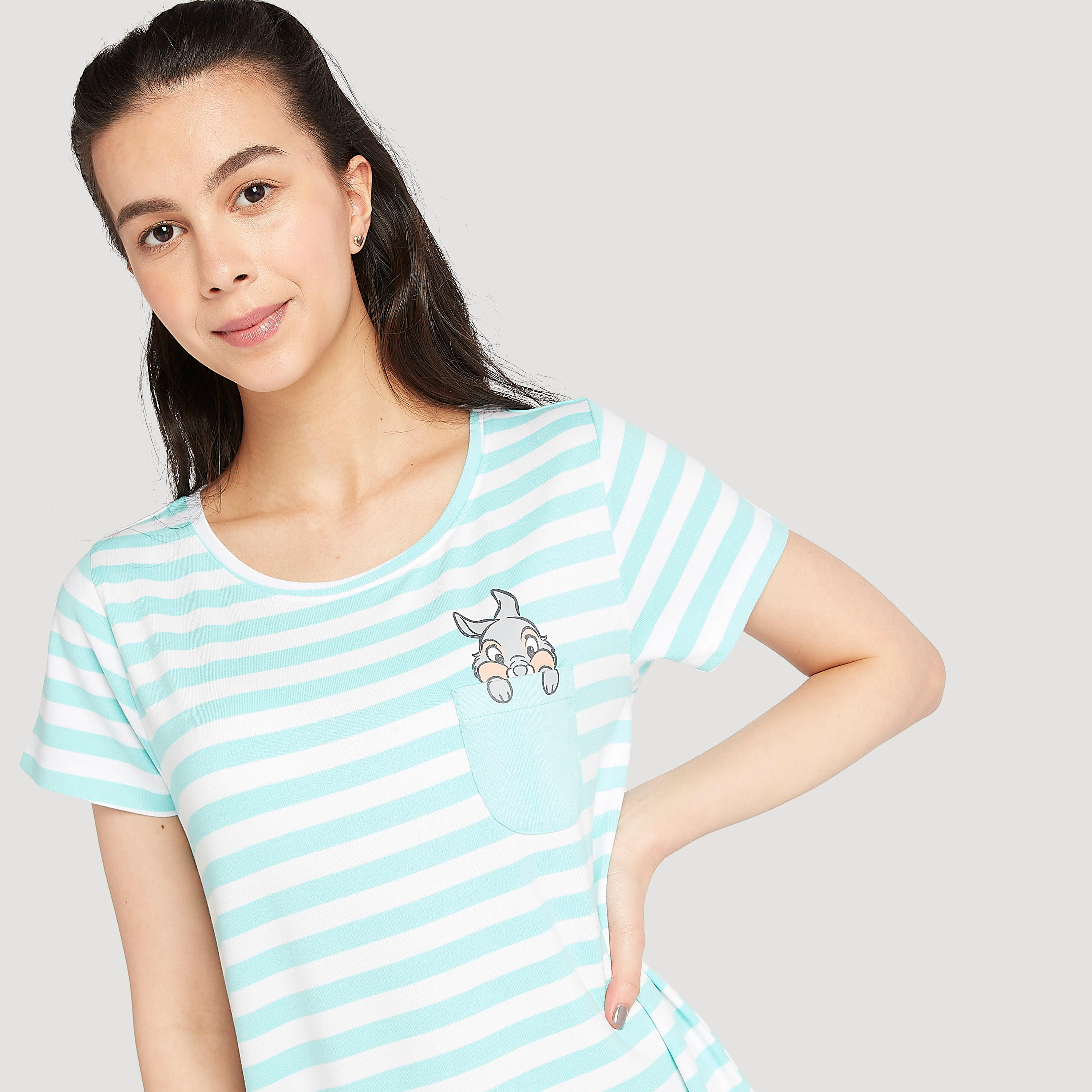 قميص نوم مخطط بياقة مستديرة وأكمام قصيرة-women-clothing-nightwear-nighties-image-3