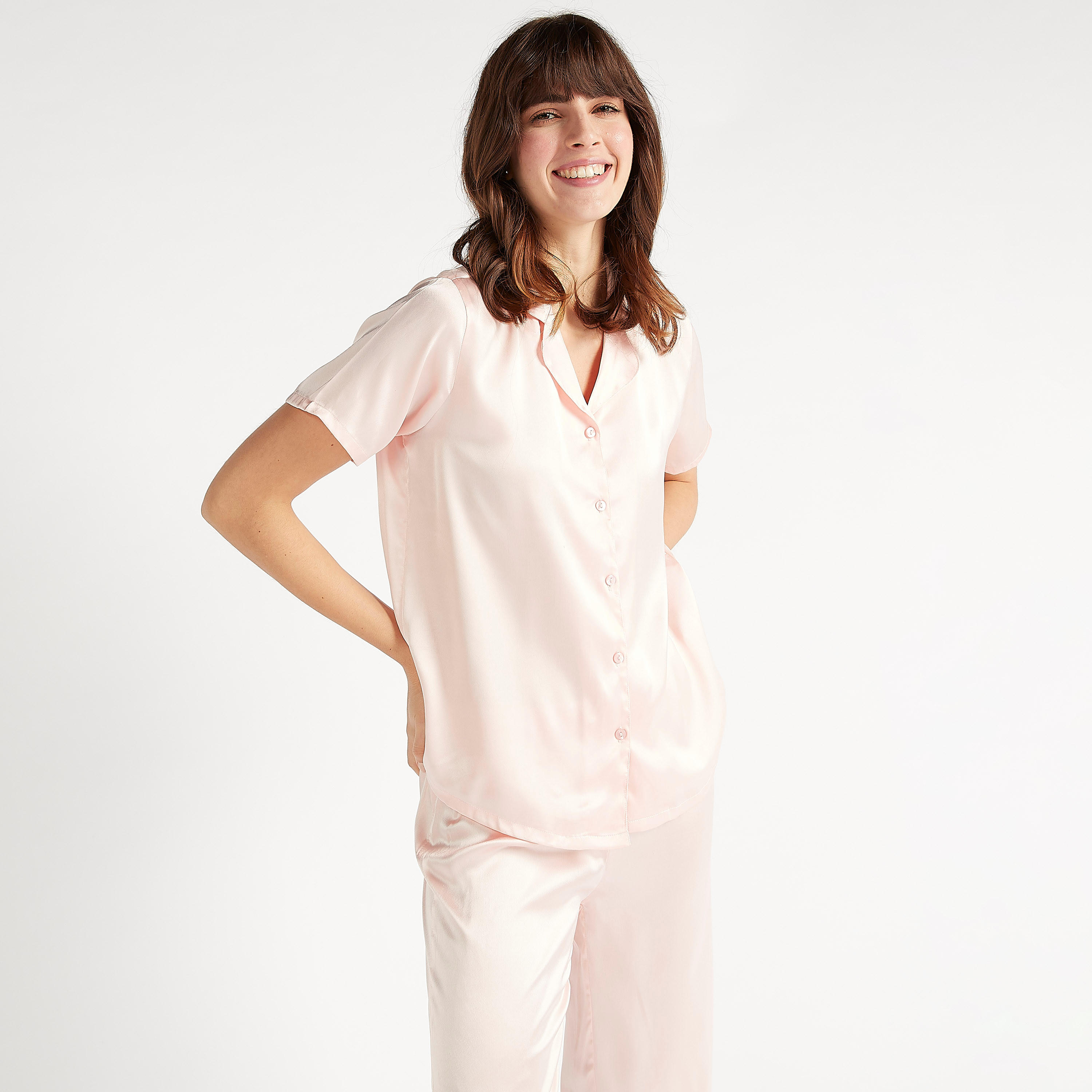 طقم بنطلون بيجاما طويل وقميص سادة بياقة عادية-women-clothing-nightwear-pyjamas-longsets-image-5
