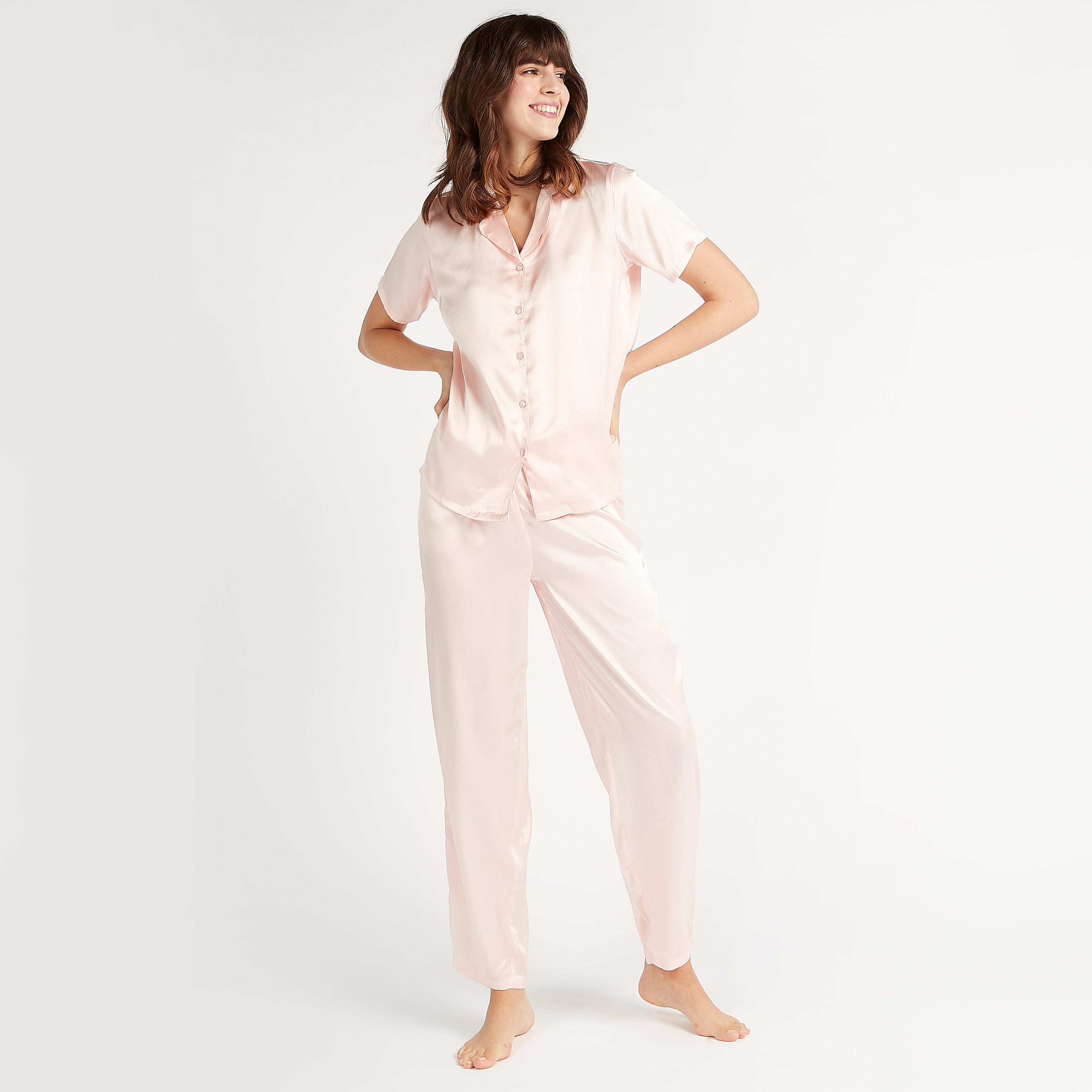طقم بنطلون بيجاما طويل وقميص سادة بياقة عادية-women-clothing-nightwear-pyjamas-longsets-image-4
