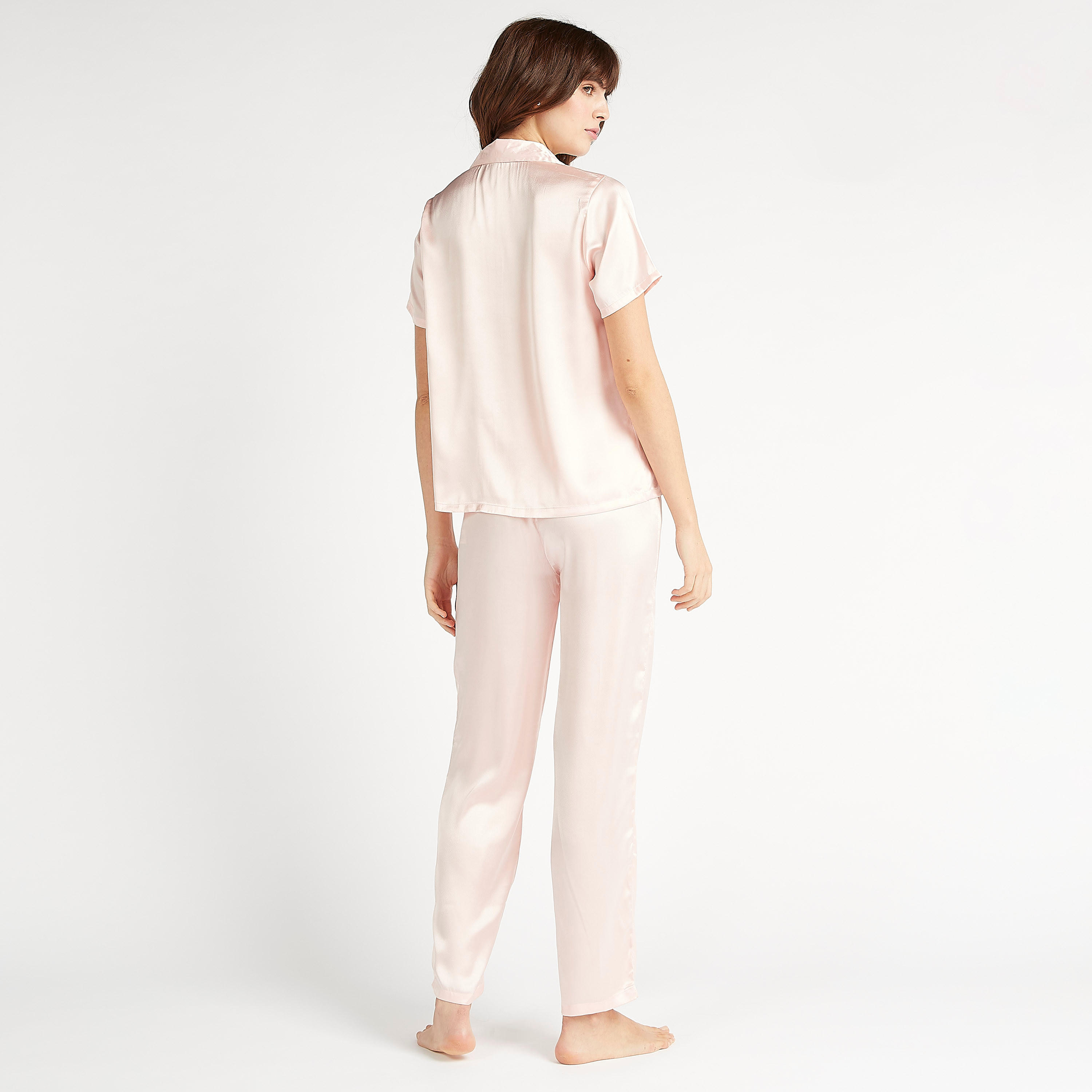 طقم بنطلون بيجاما طويل وقميص سادة بياقة عادية-women-clothing-nightwear-pyjamas-longsets-image-2