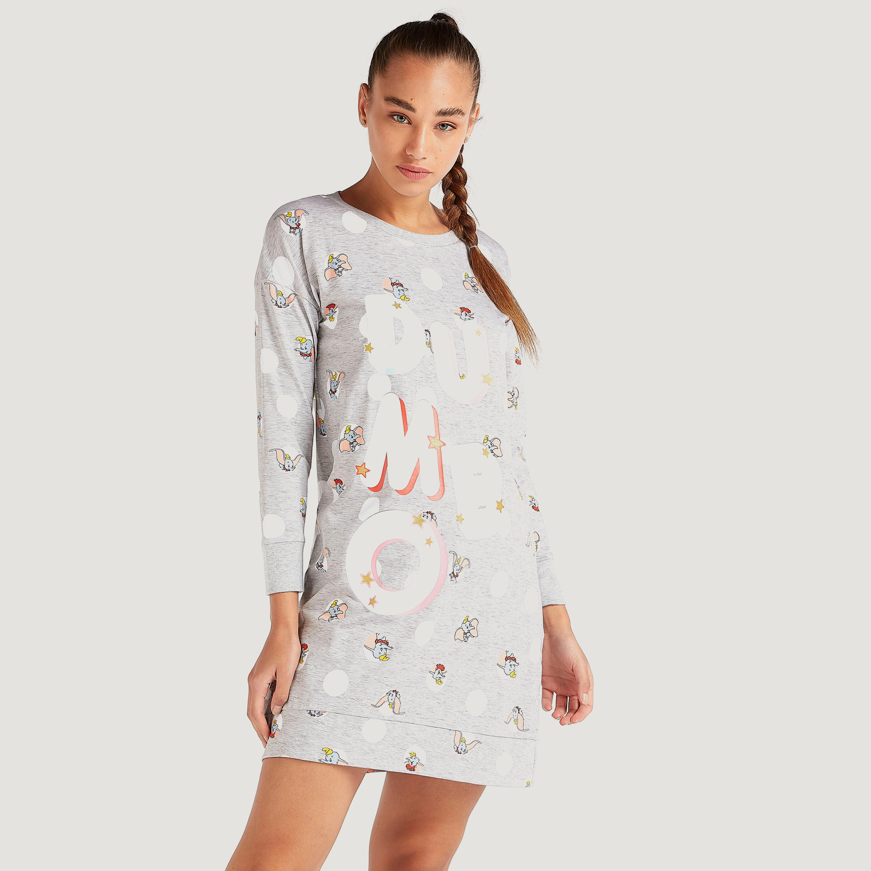قميص نوم بياقة ضيّقة وأكمام طويلة وطبعات دامبو-women-clothing-nightwear-nighties-image-1