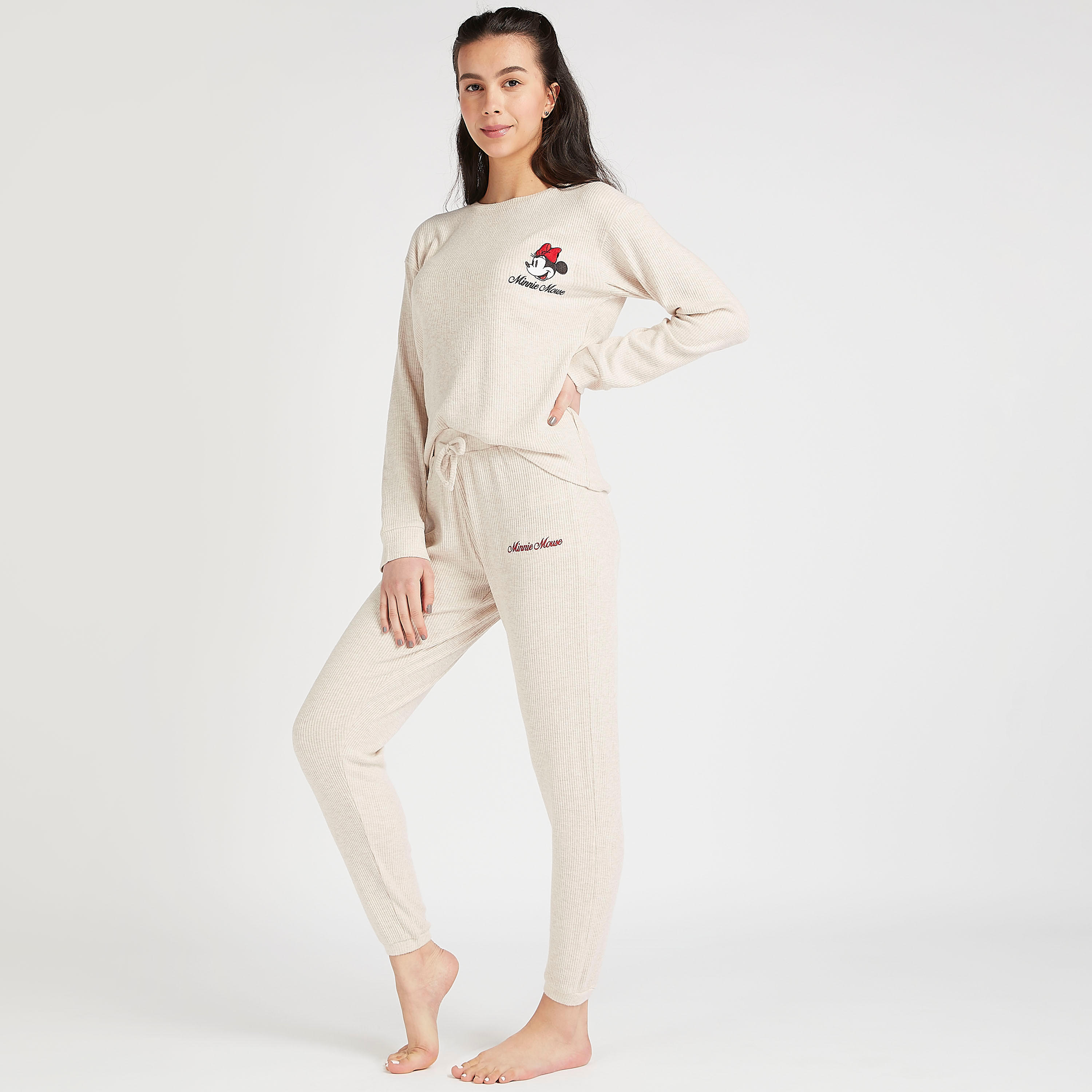 طقم بنطلون بيجاما طويل وتيشيرت بارز الملمس بتطريز ميني ماوس-women-clothing-nightwear-pyjamas-longsets-image-2