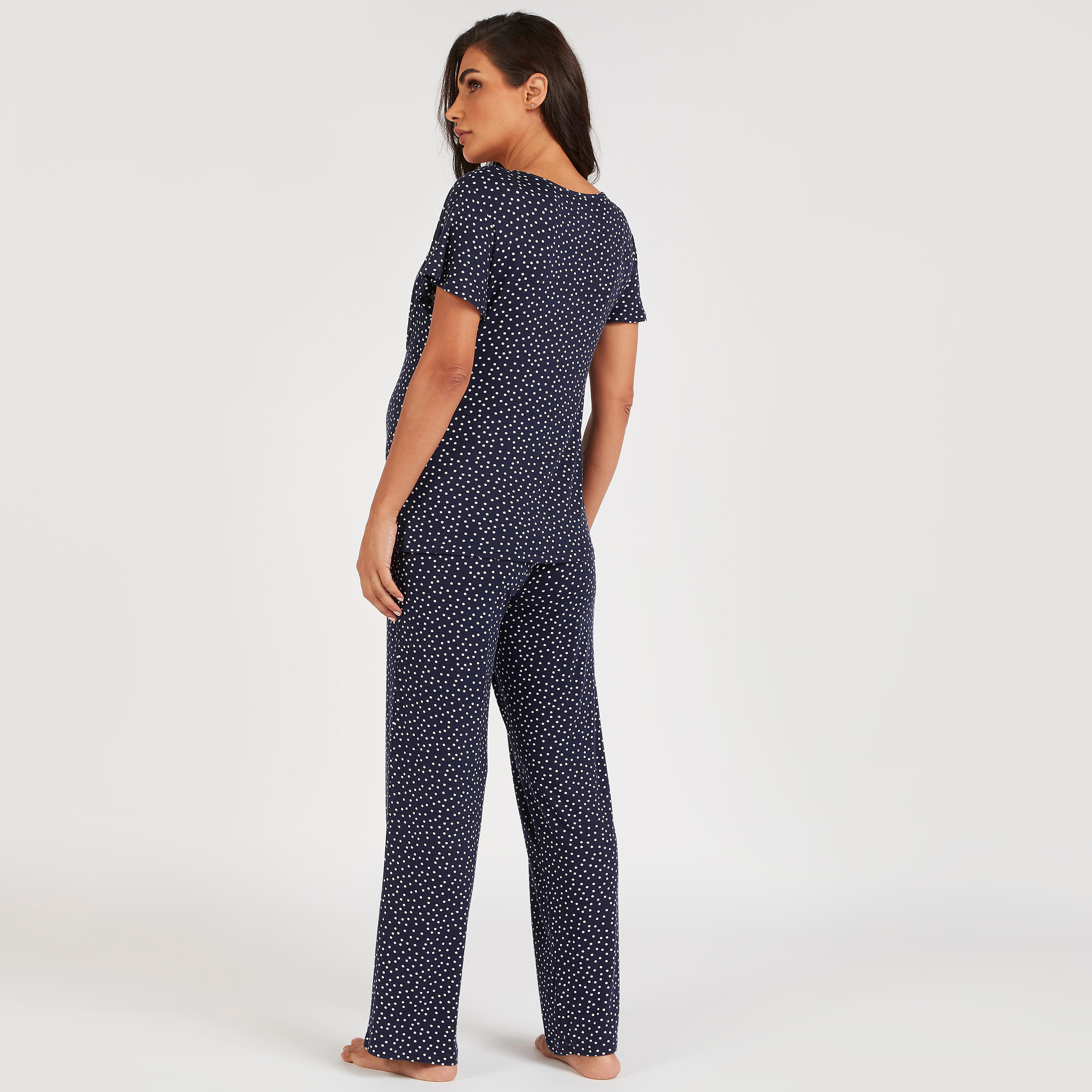 طقم بنطلون بيجاما وبلوزة للحوامل بتفاصيل دانتيل منقّطة-women-clothing-maternity-nightwear-image-3