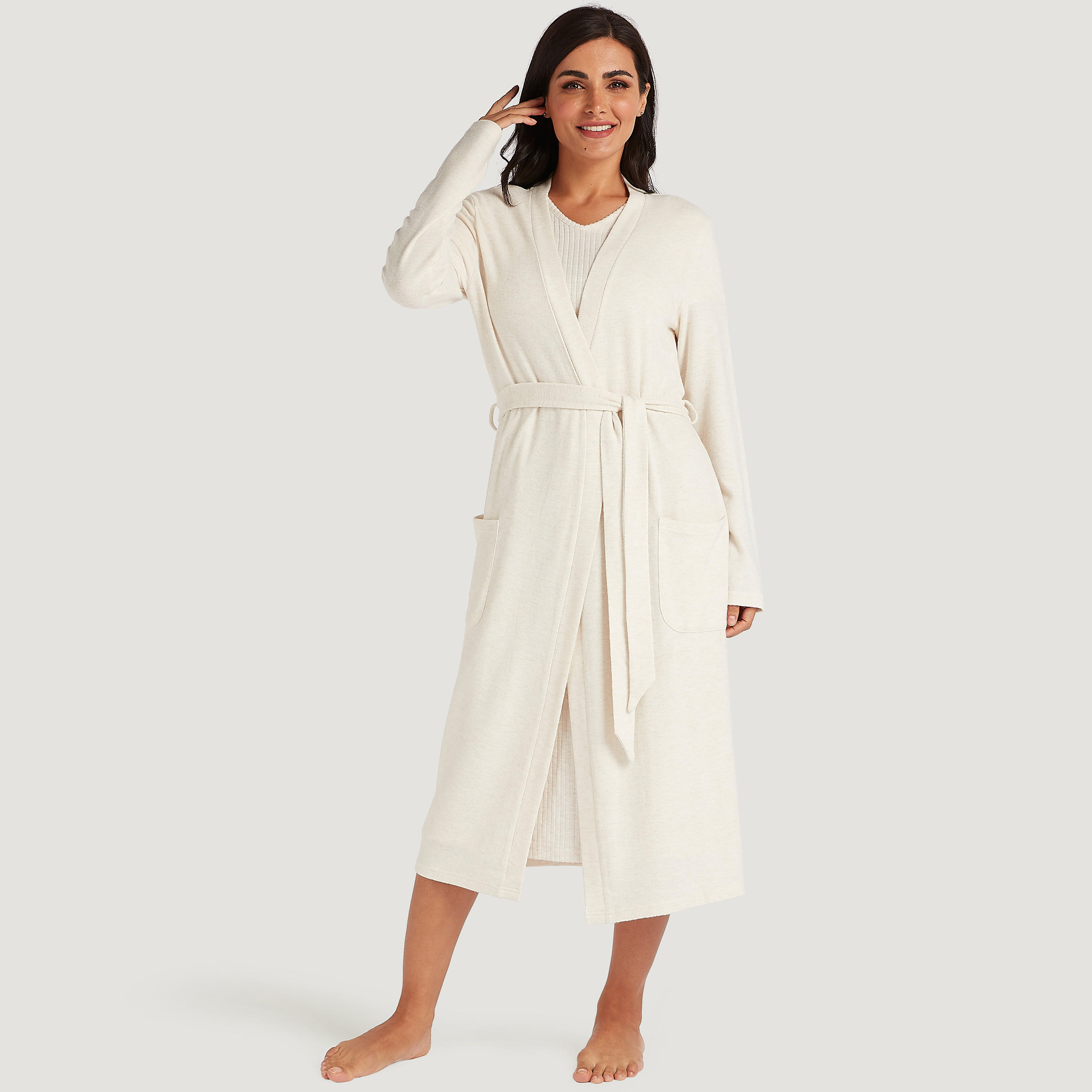 Solid Shawl Neckline Robe with Belt and Long Sleeves-women-clothing-nightwear-robes-image-2