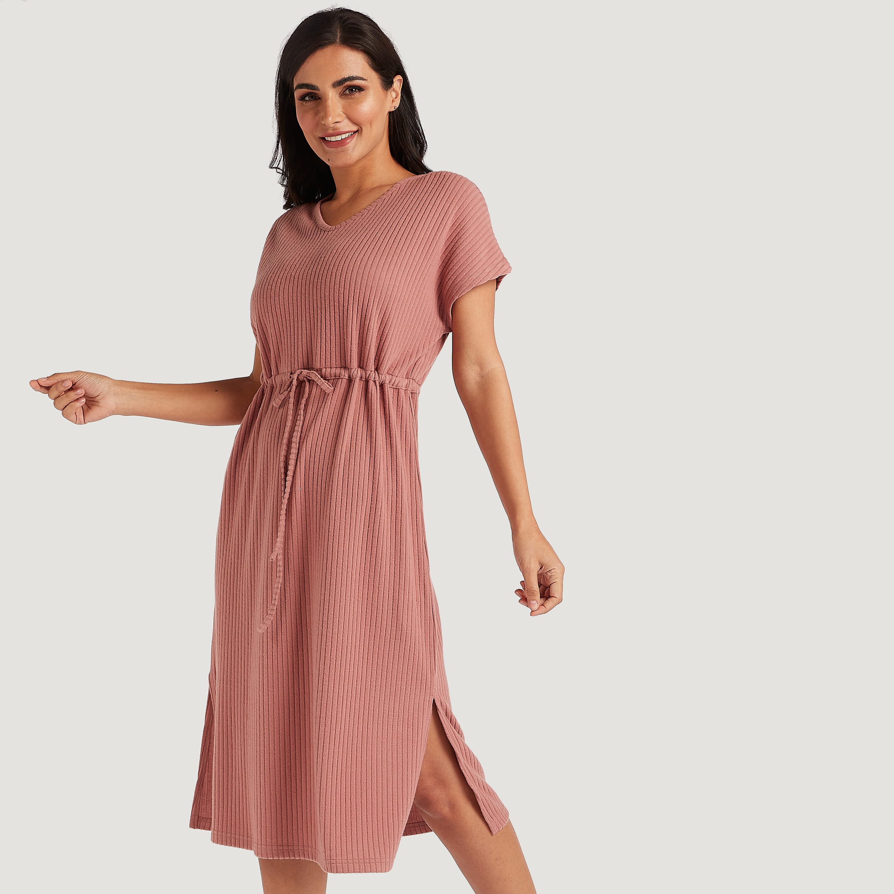 Stripe Textured Night Dress with V-neck and Drawstring Waist-women-clothing-nightwear-nighties-image-1