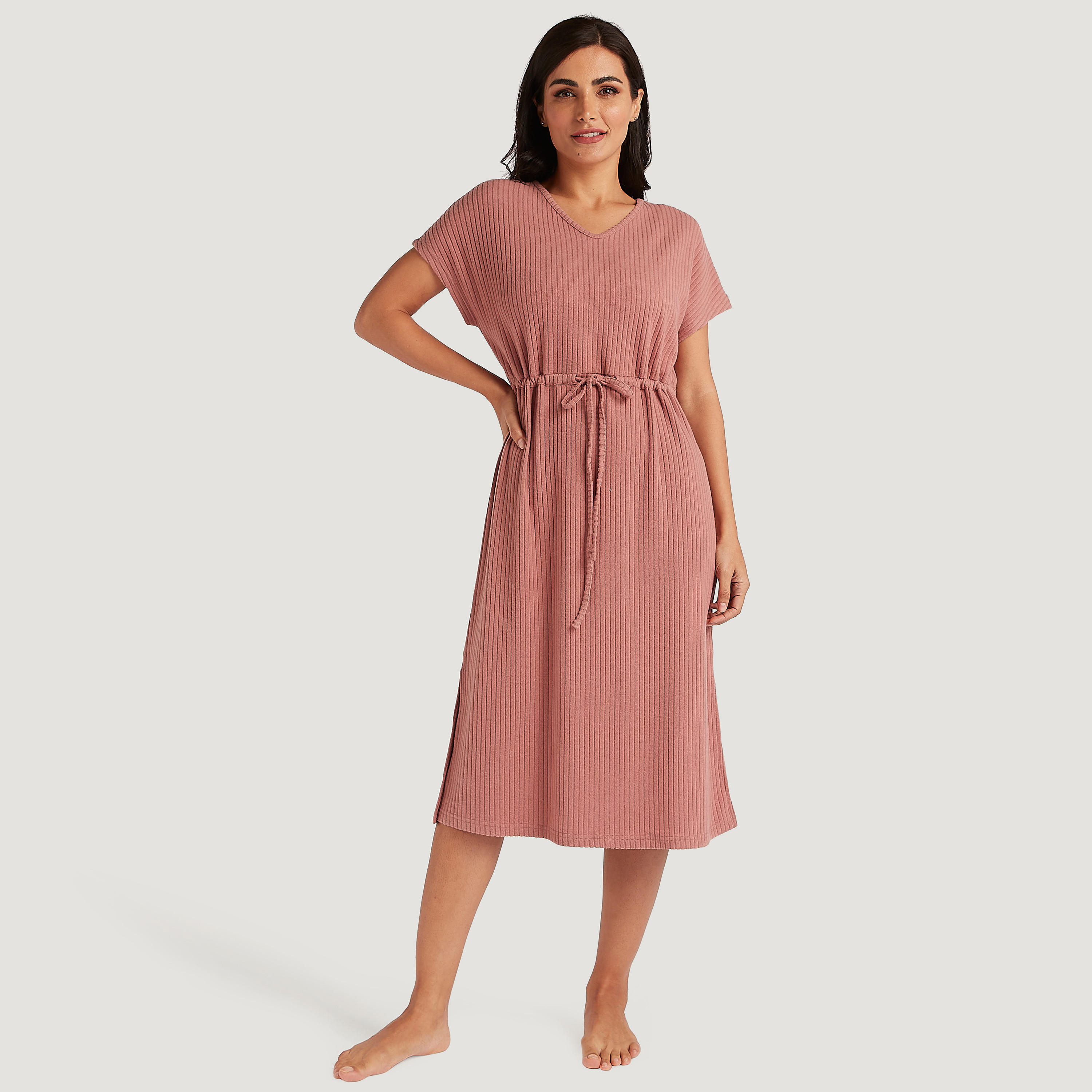 Stripe Textured Night Dress with V-neck and Drawstring Waist-women-clothing-nightwear-nighties-image-2