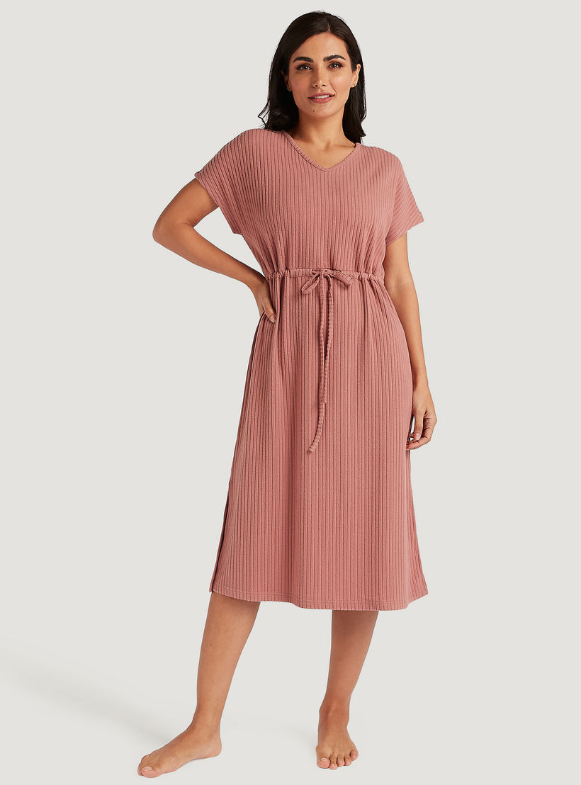 Stripe Textured Night Dress with V-neck and Drawstring Waist-women-clothing-nightwear-nighties-image-2