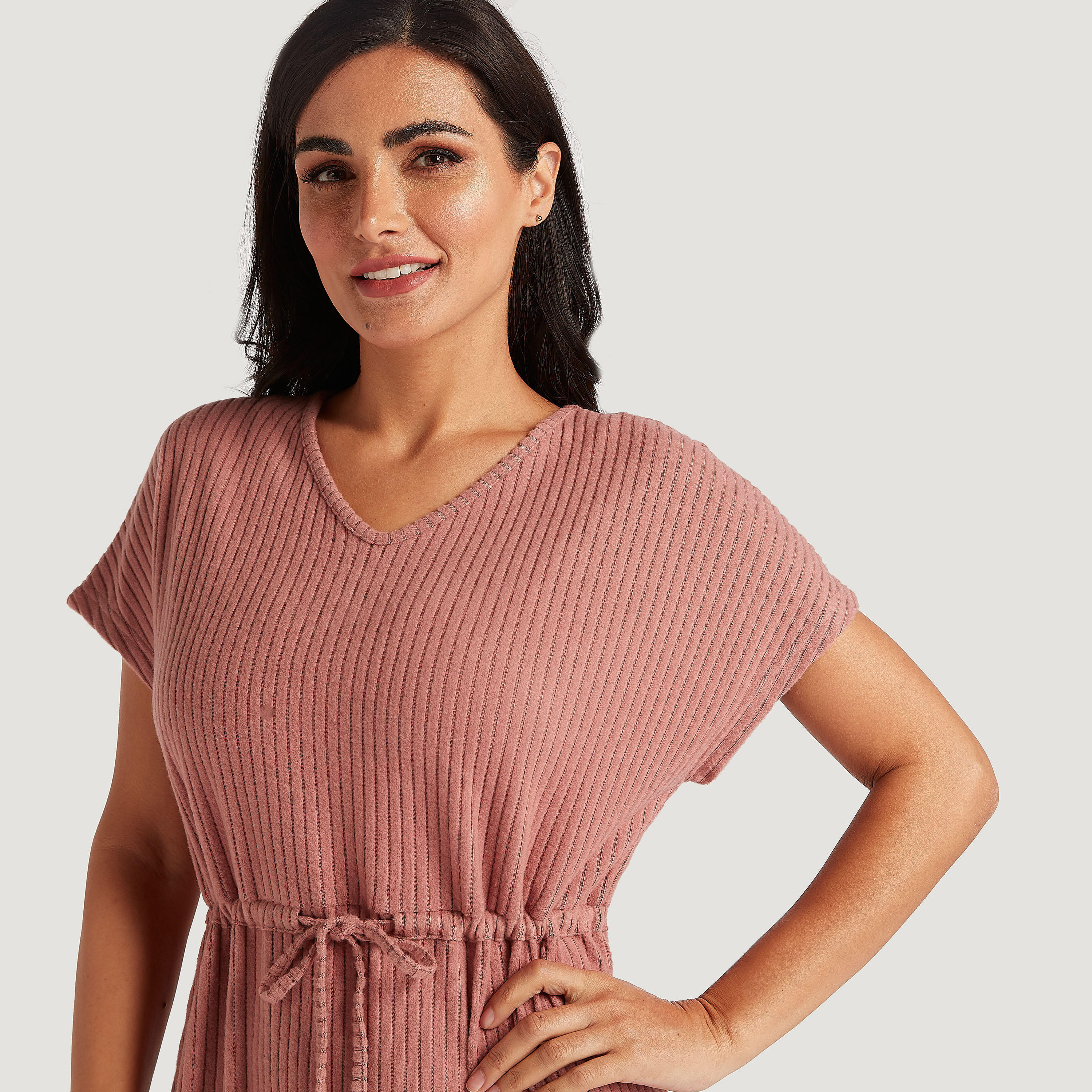 Stripe Textured Night Dress with V-neck and Drawstring Waist-women-clothing-nightwear-nighties-image-3