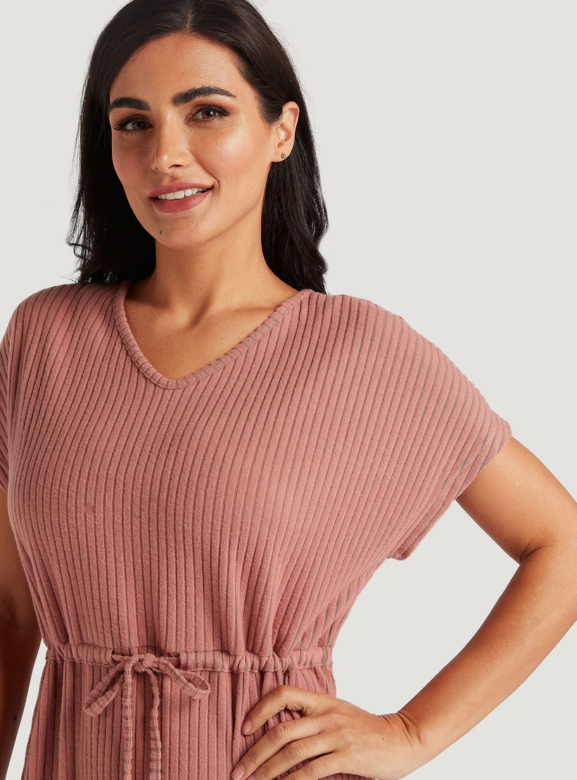 Stripe Textured Night Dress with V-neck and Drawstring Waist-women-clothing-nightwear-nighties-image-3