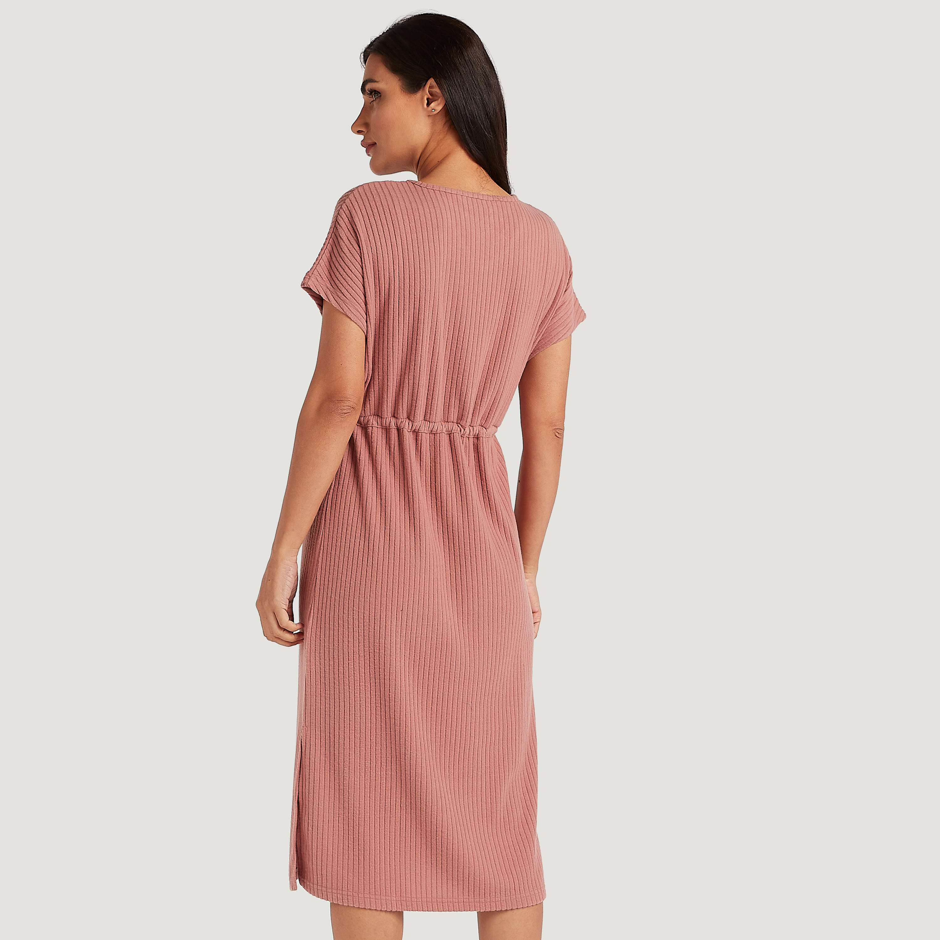 Stripe Textured Night Dress with V-neck and Drawstring Waist-women-clothing-nightwear-nighties-image-4