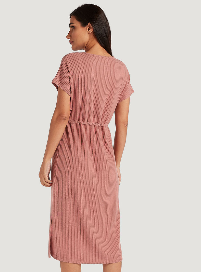 Stripe Textured Night Dress with V-neck and Drawstring Waist-women-clothing-nightwear-nighties-image-4