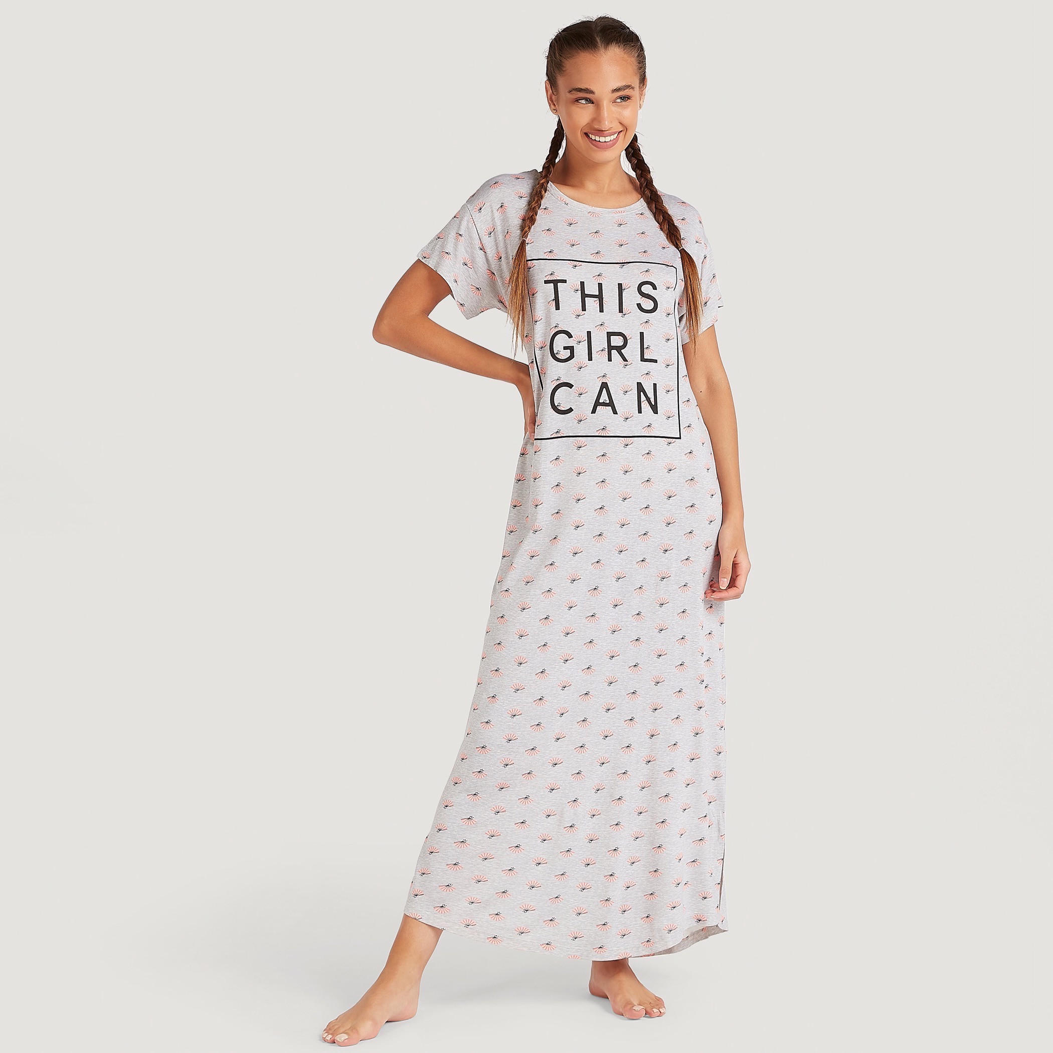 Printed Round Neck Night Gown with Short Sleeves-women-clothing-nightwear-nighties-image-1