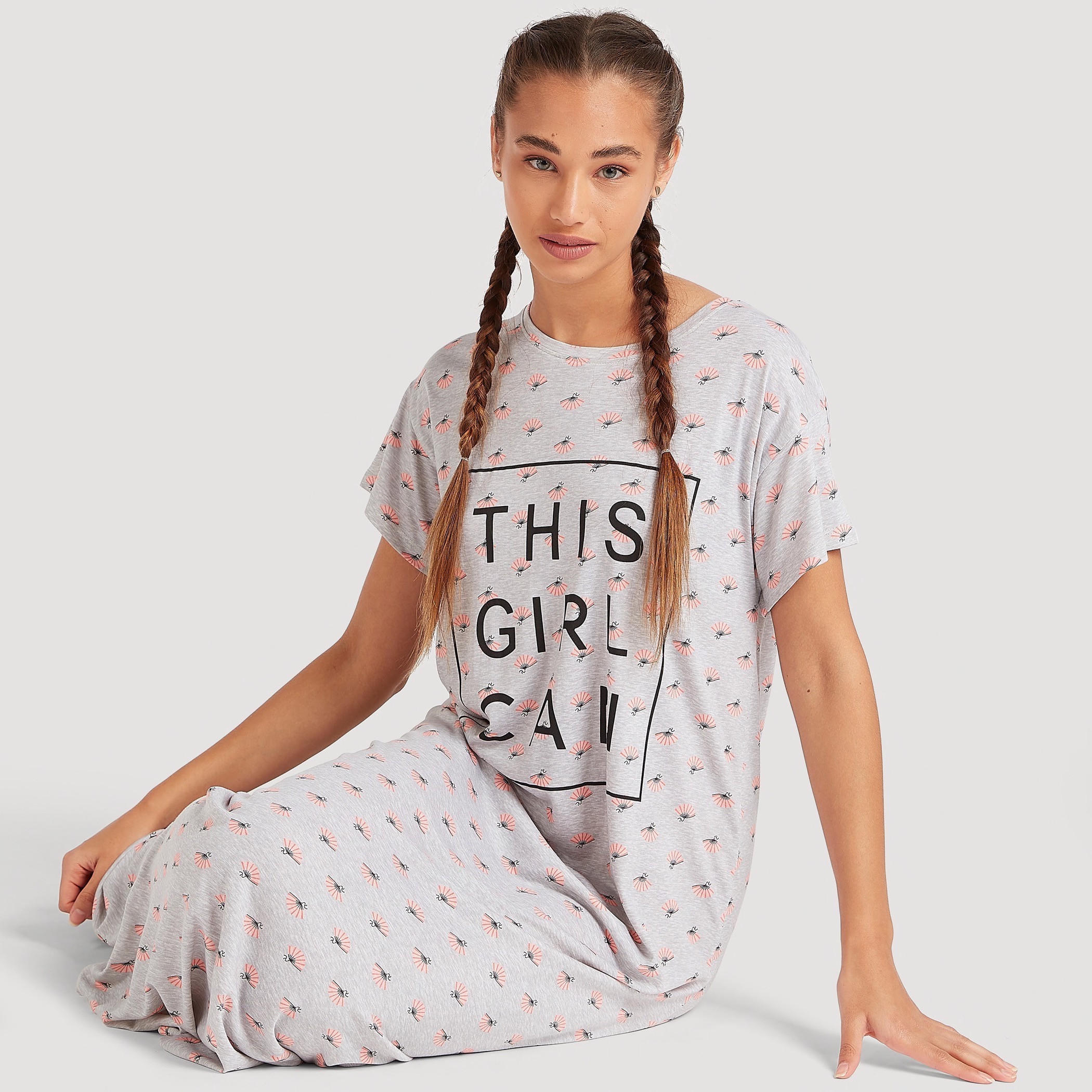 Printed Round Neck Night Gown with Short Sleeves-women-clothing-nightwear-nighties-image-2