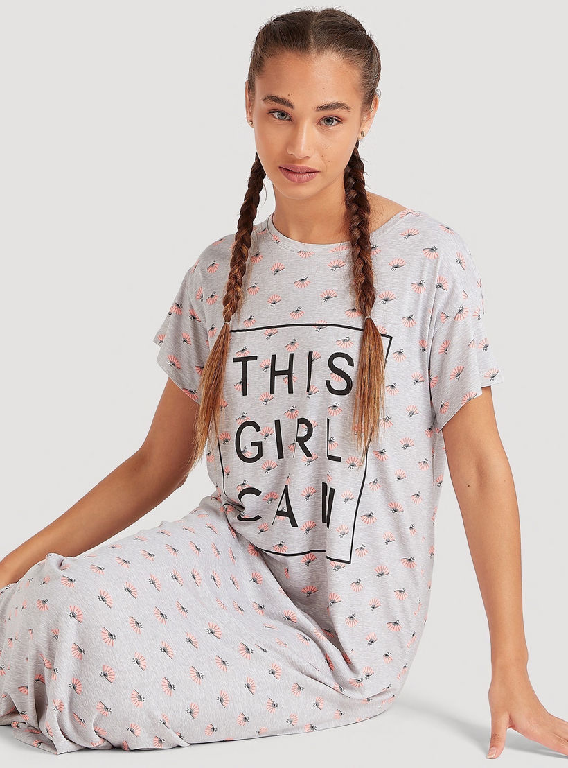 Printed Round Neck Night Gown with Short Sleeves-women-clothing-nightwear-nighties-image-2