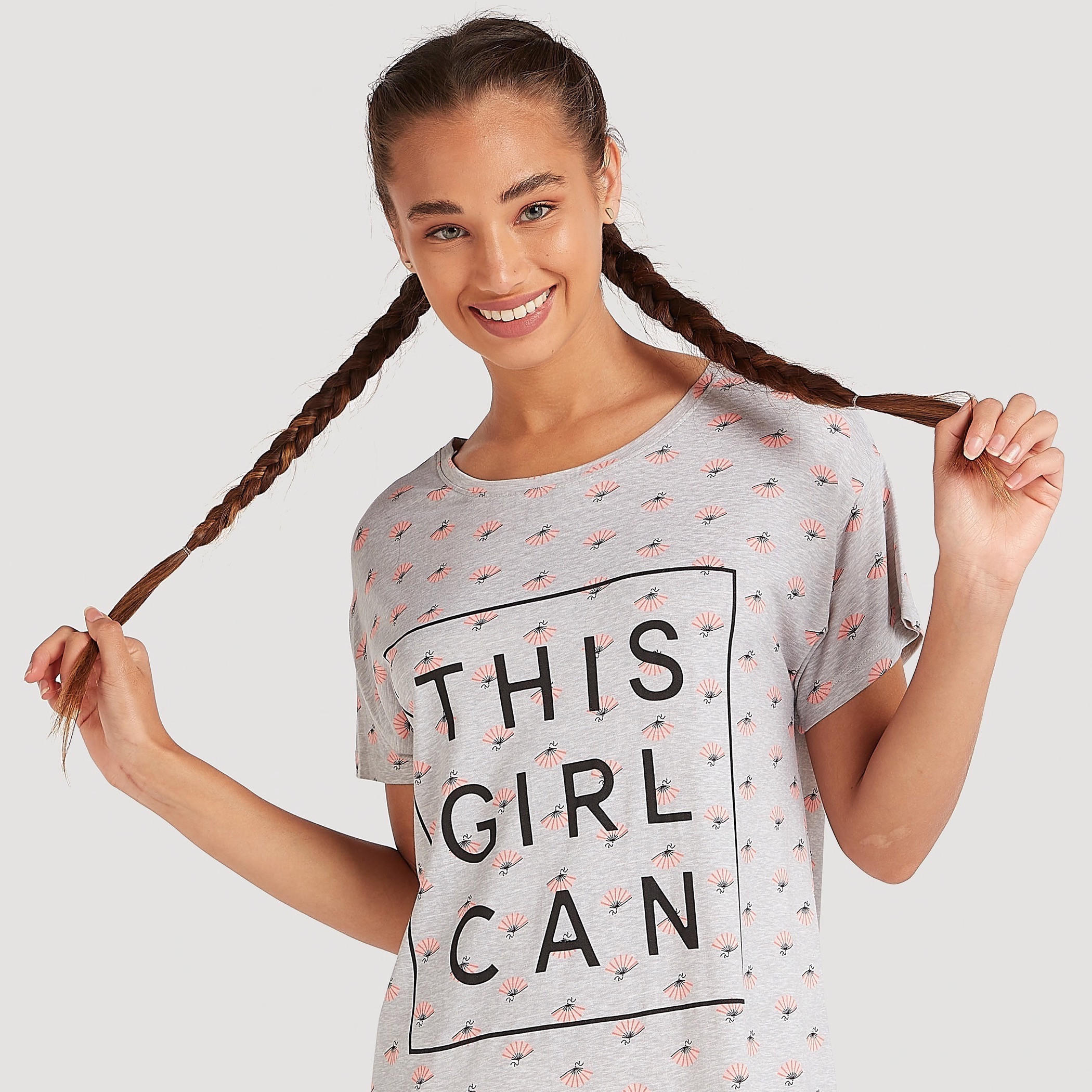 Printed Round Neck Night Gown with Short Sleeves-women-clothing-nightwear-nighties-image-3
