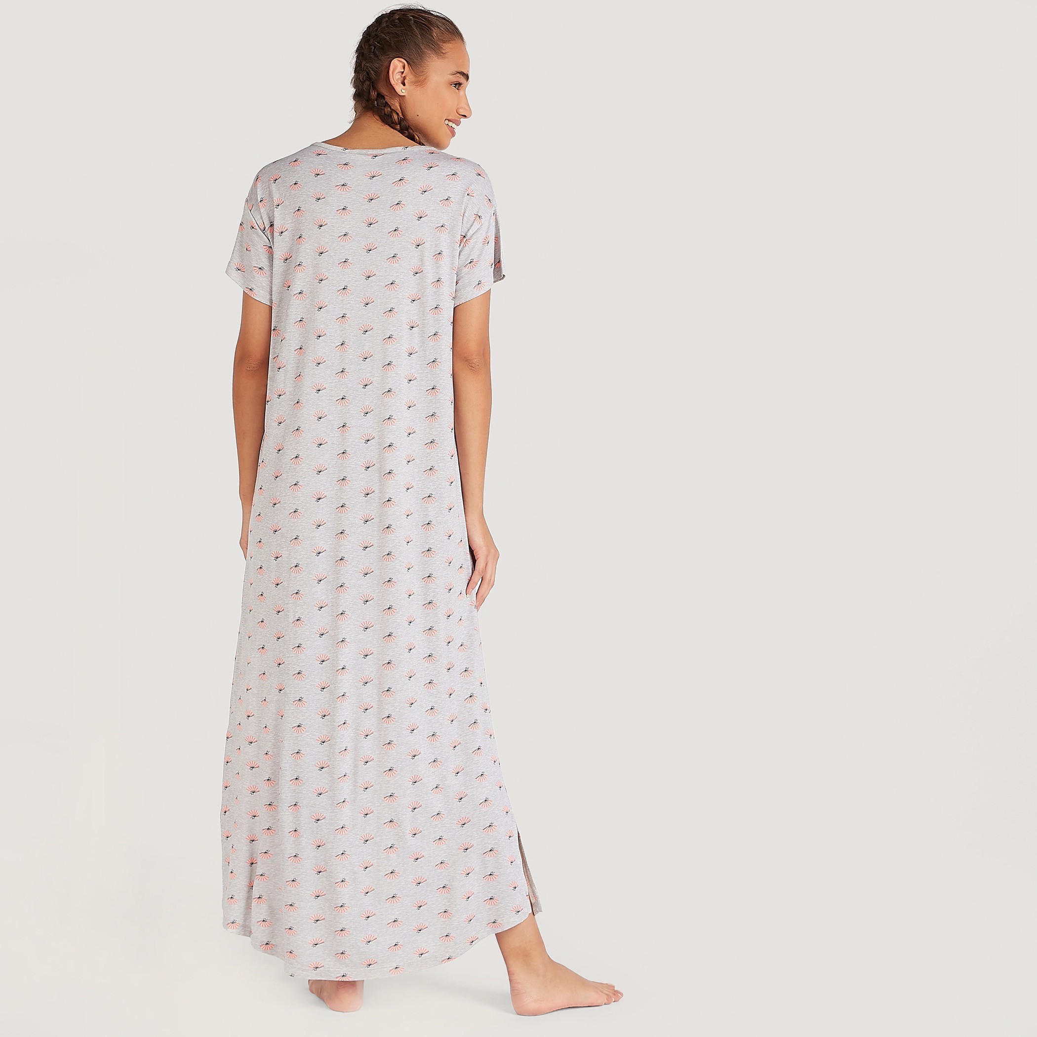 Printed Round Neck Night Gown with Short Sleeves-women-clothing-nightwear-nighties-image-4