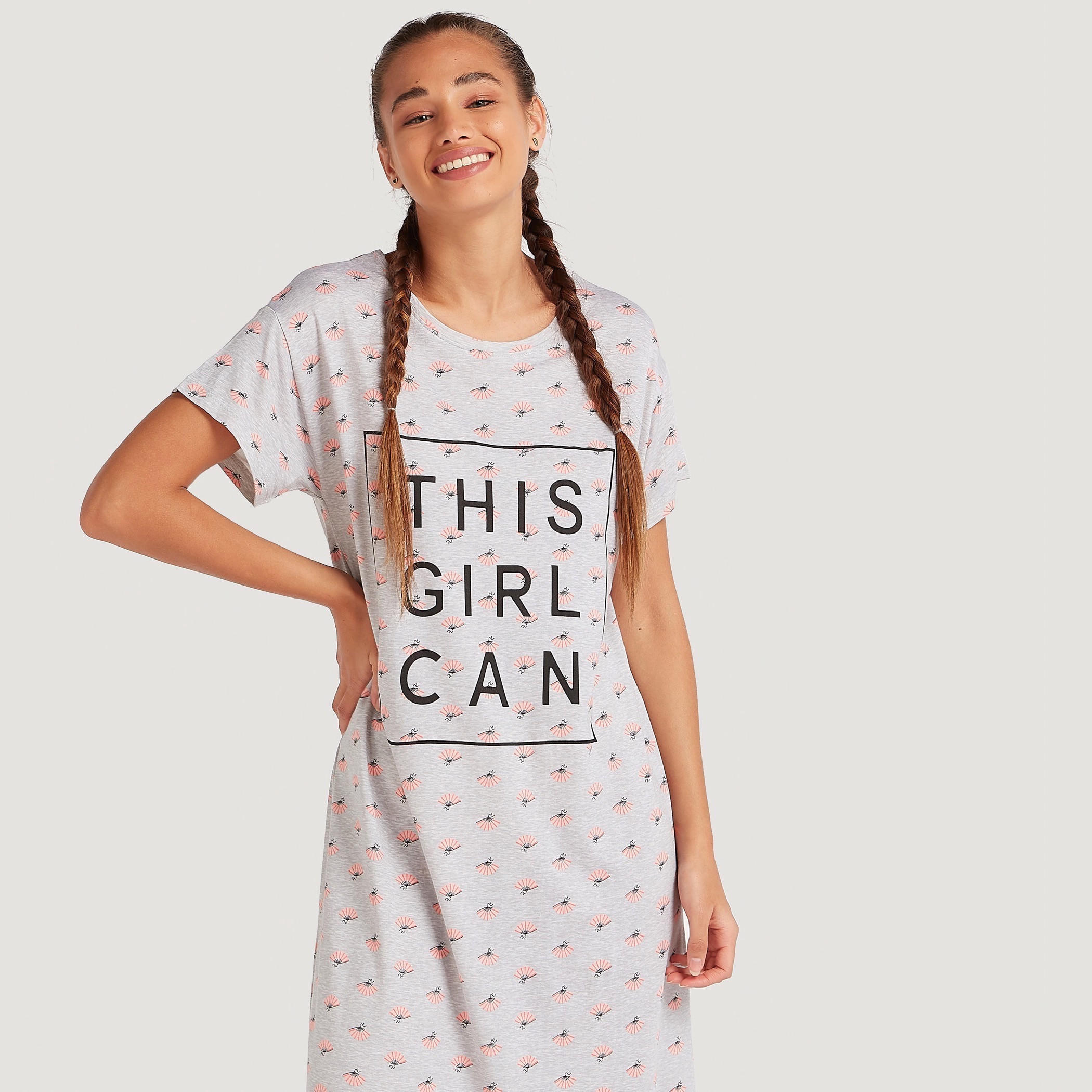 Printed Round Neck Night Gown with Short Sleeves-women-clothing-nightwear-nighties-image-5